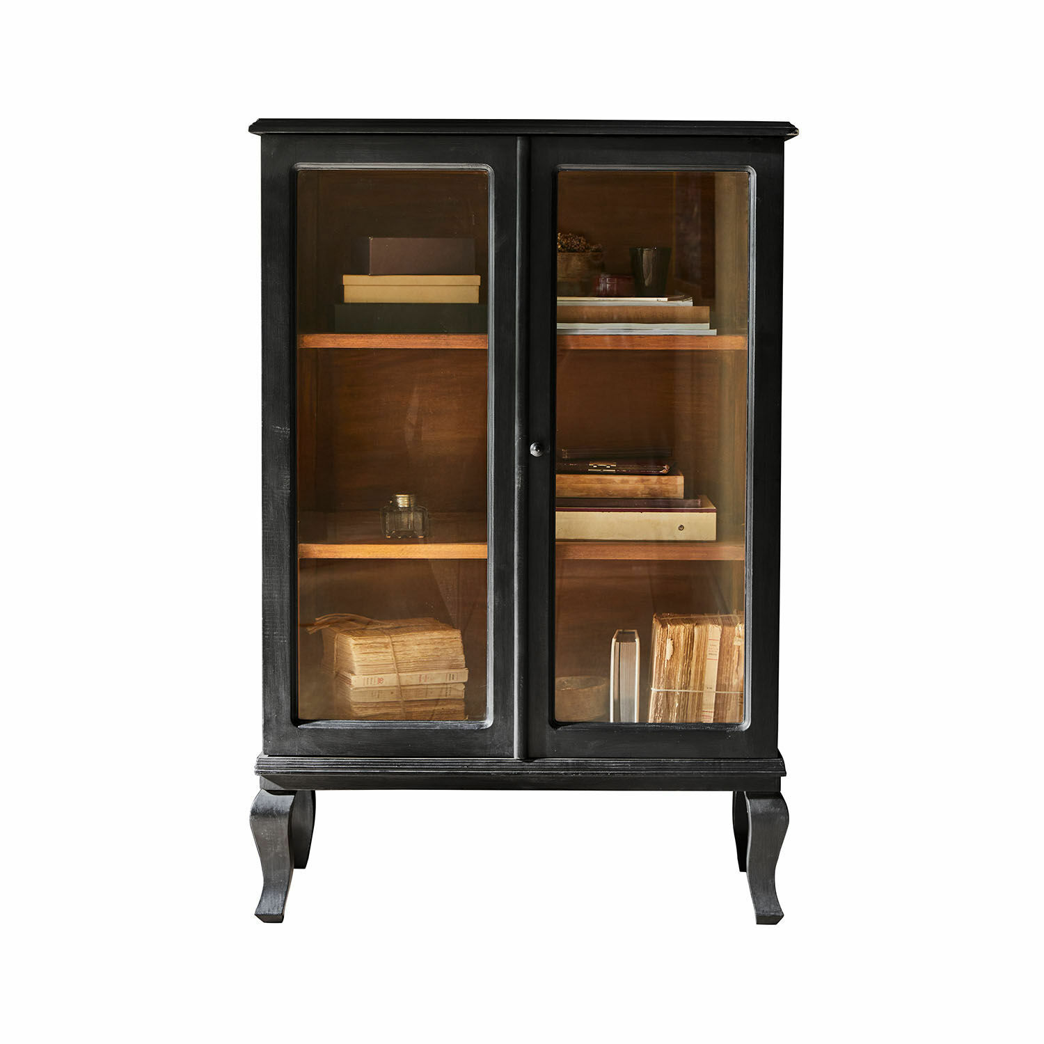 Cómoda Westleigh Vitrina de madera negra con puertas de cristal y estantes para libros y decoración