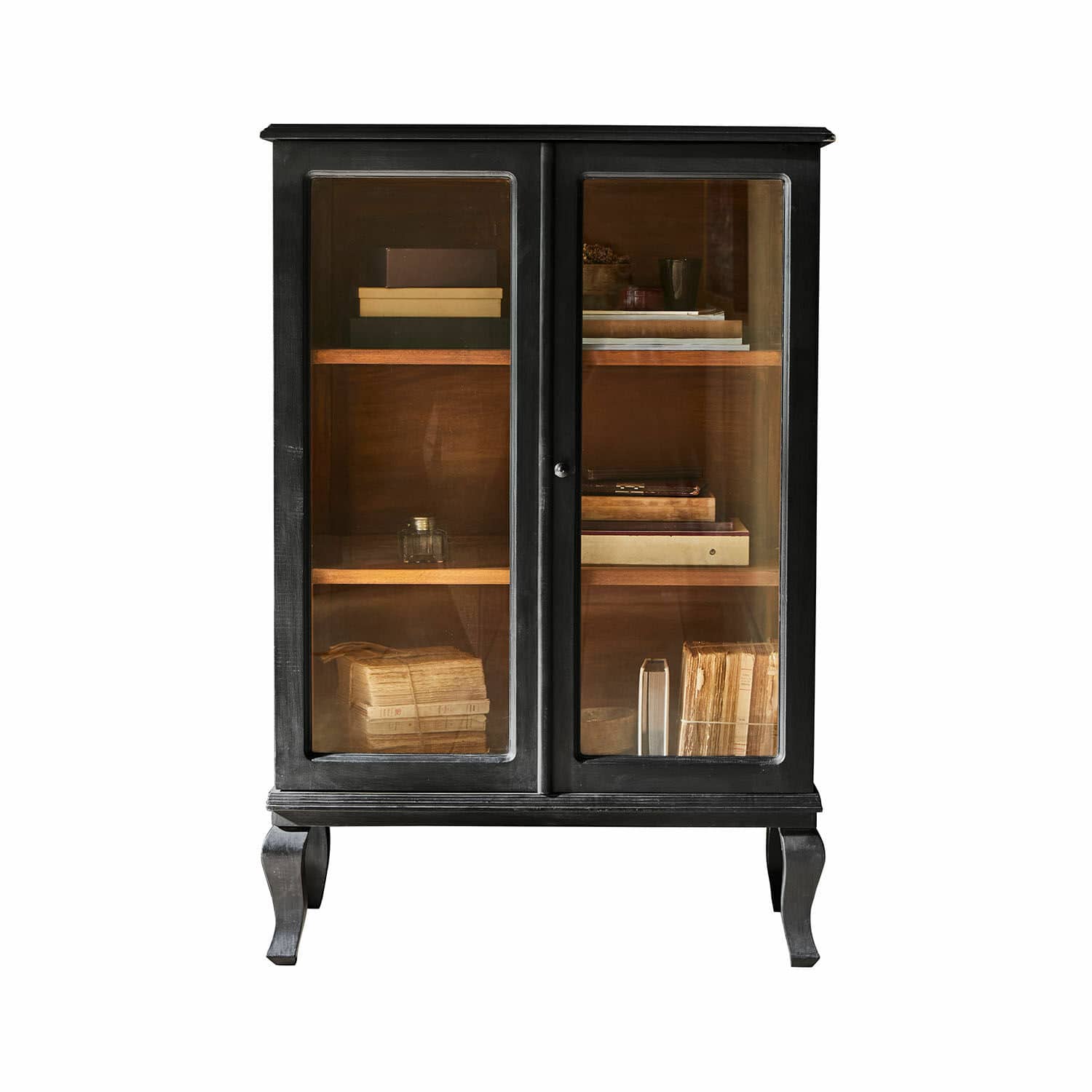 Cómoda Westleigh Vitrina de madera negra con puertas de cristal y estantes para libros y decoración