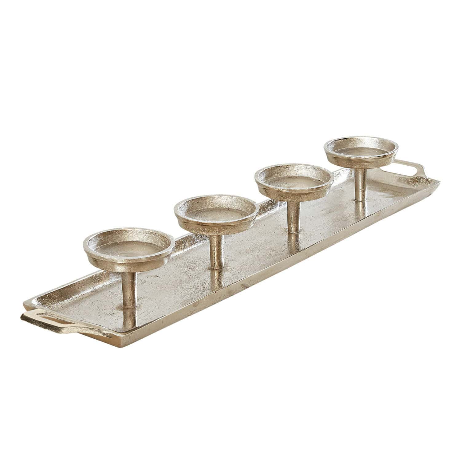 Bandeja para velas Indila Candelabro metálico plateado para cuatro velas con bandeja alargada para decoración