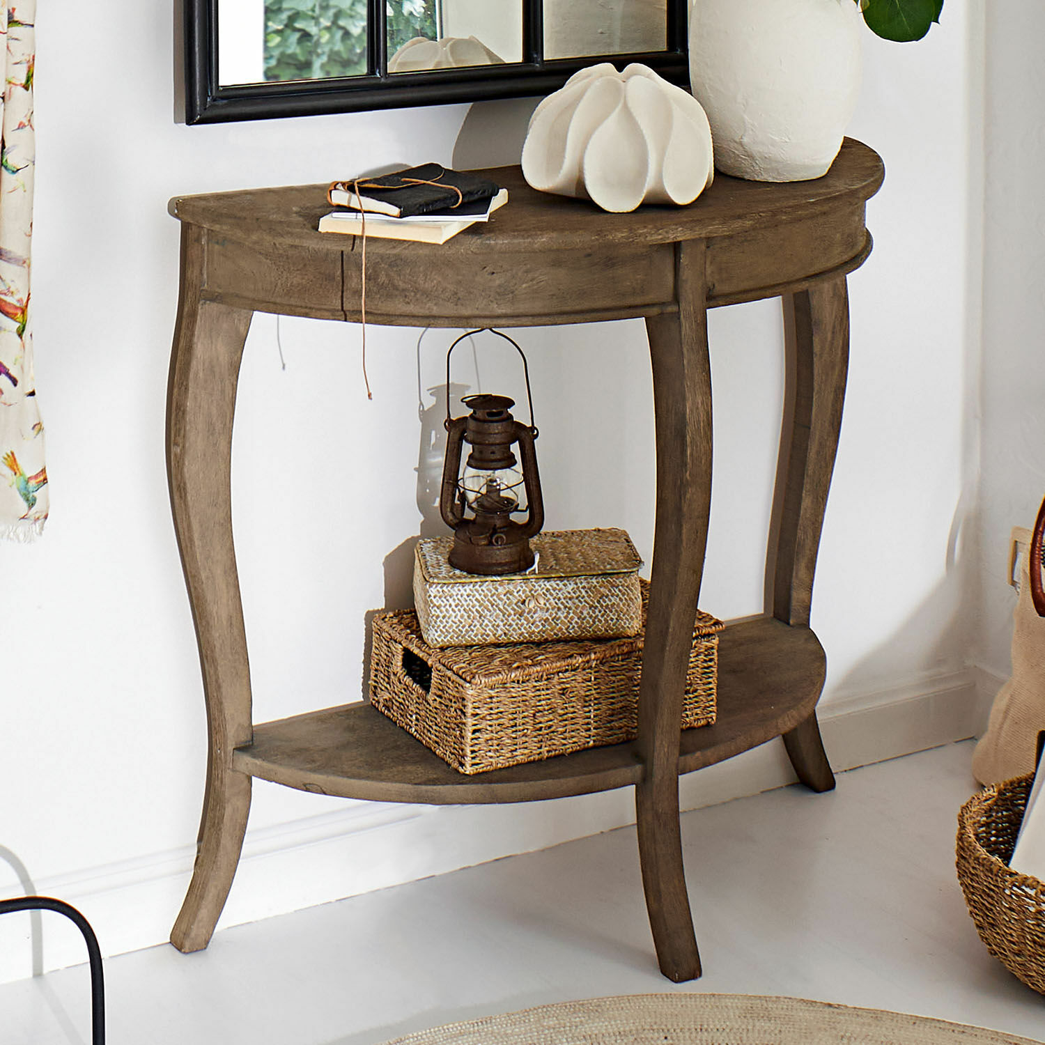 Consola Crowley Mesa consola de madera marrón con estante y decoraciones para sala de estar