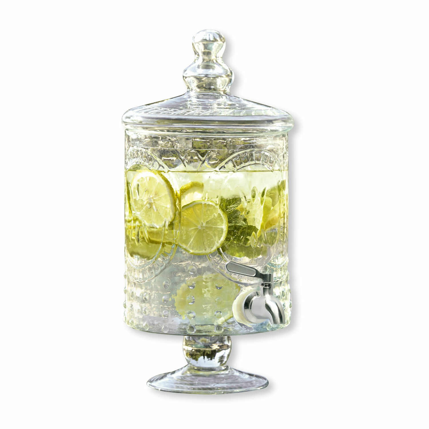 Dispensador de bebidas Lys Dispensador de bebidas de vidrio con tapa y grifo, con rodajas de limón y menta en su interior