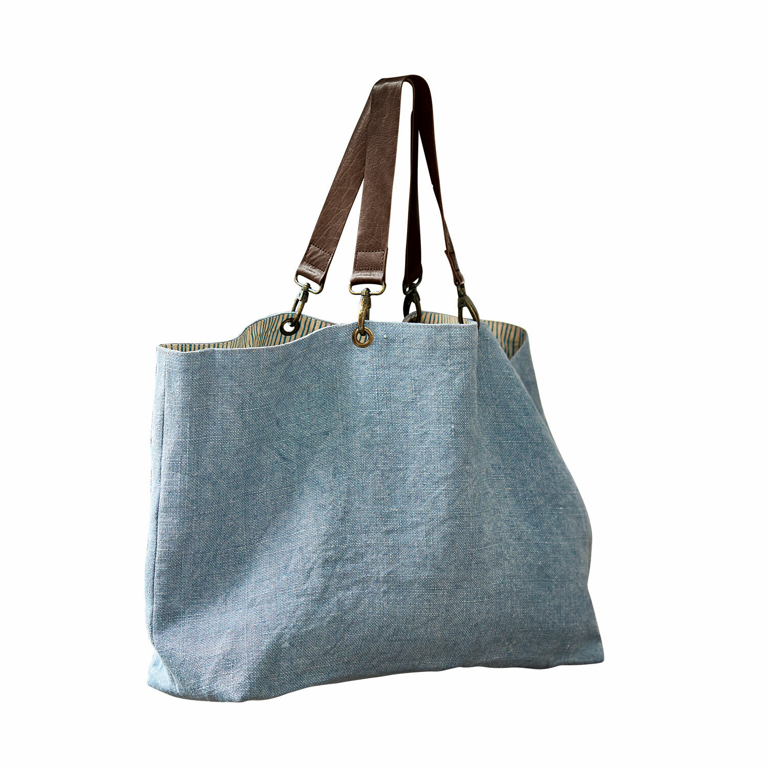 Bolsa grande de lino azul claro con asas de cuero marrón, bolsa práctica para compras