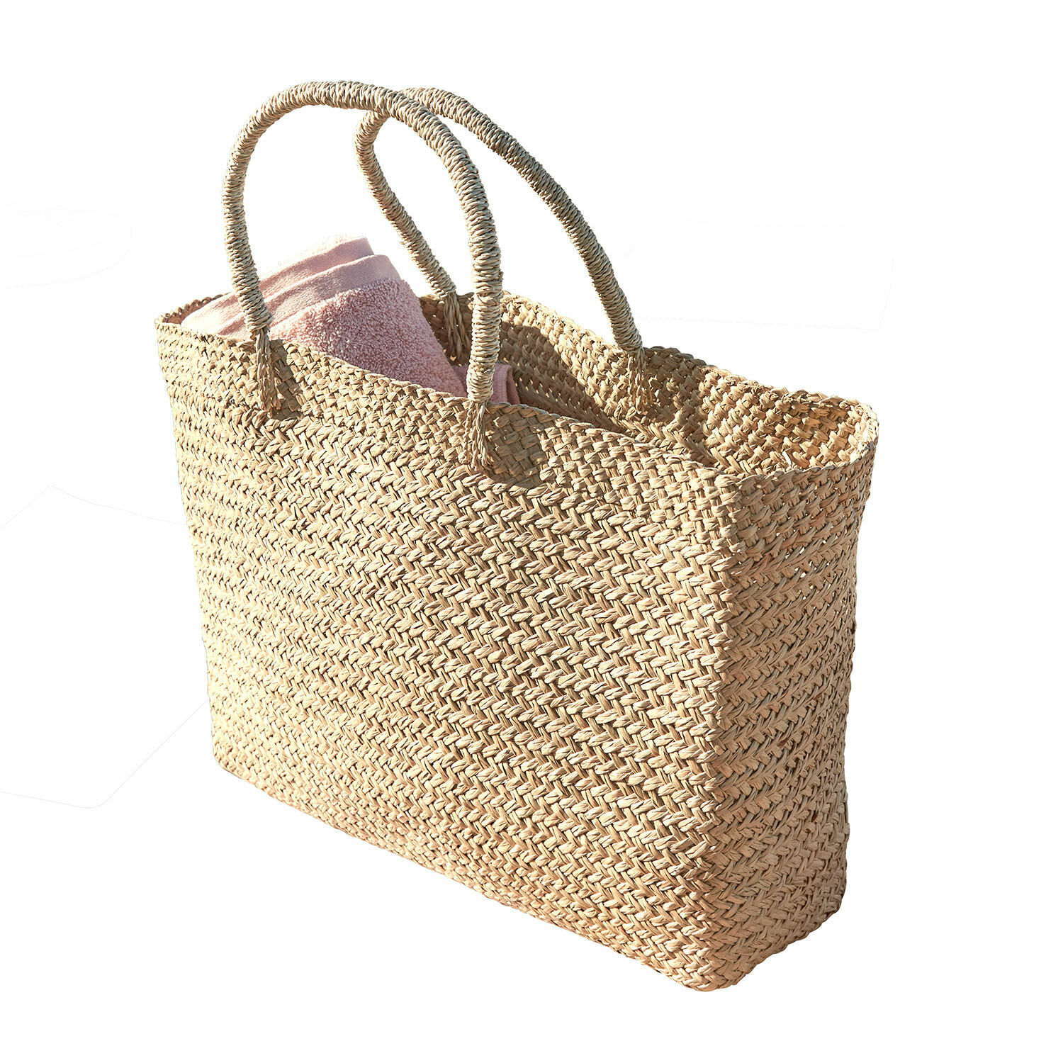 Bolso Ventresque Bolsa trenzada natural de hierba marina con toalla rosa, ideal para playa y compras