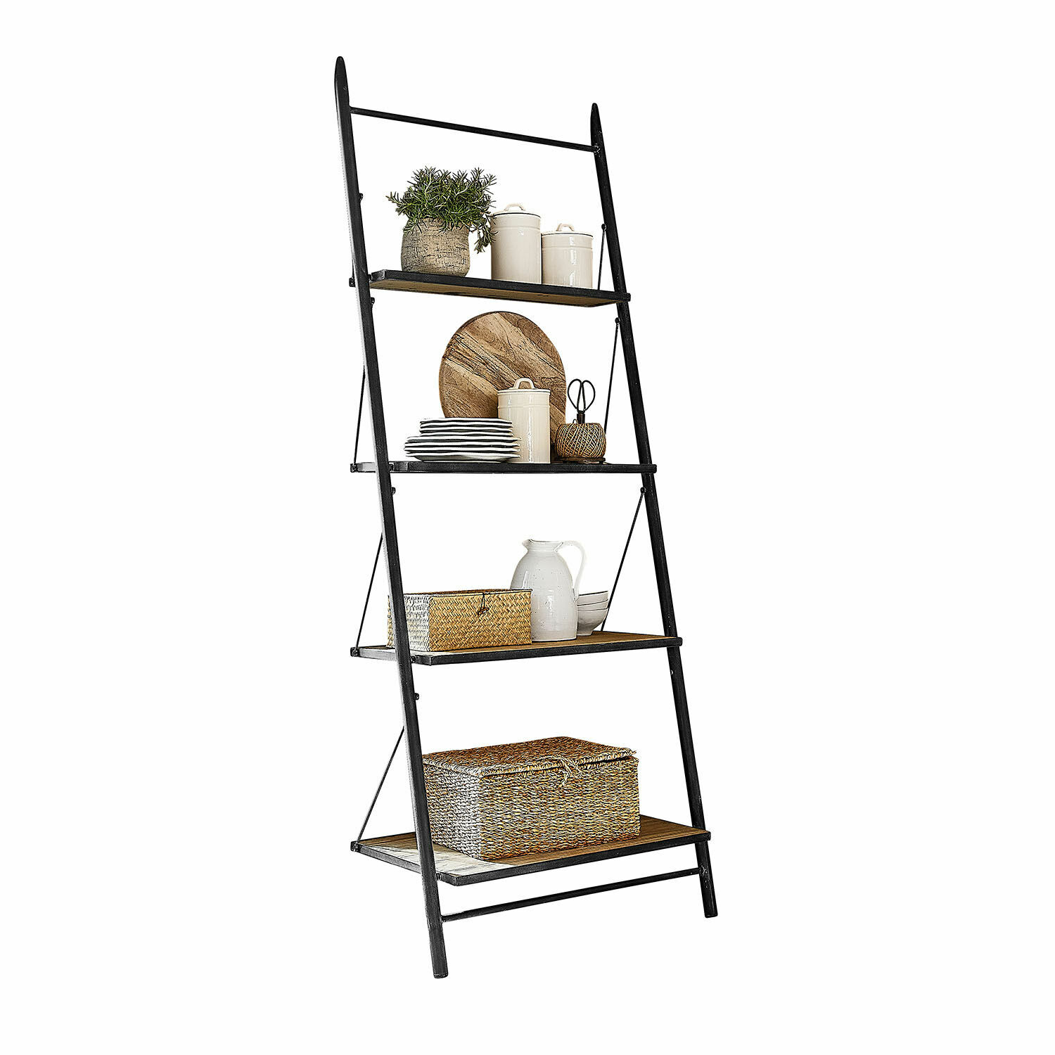 Estante Greenbriar Escalera negra de metal con cuatro estantes de madera y decoraciones para almacenamiento en casa