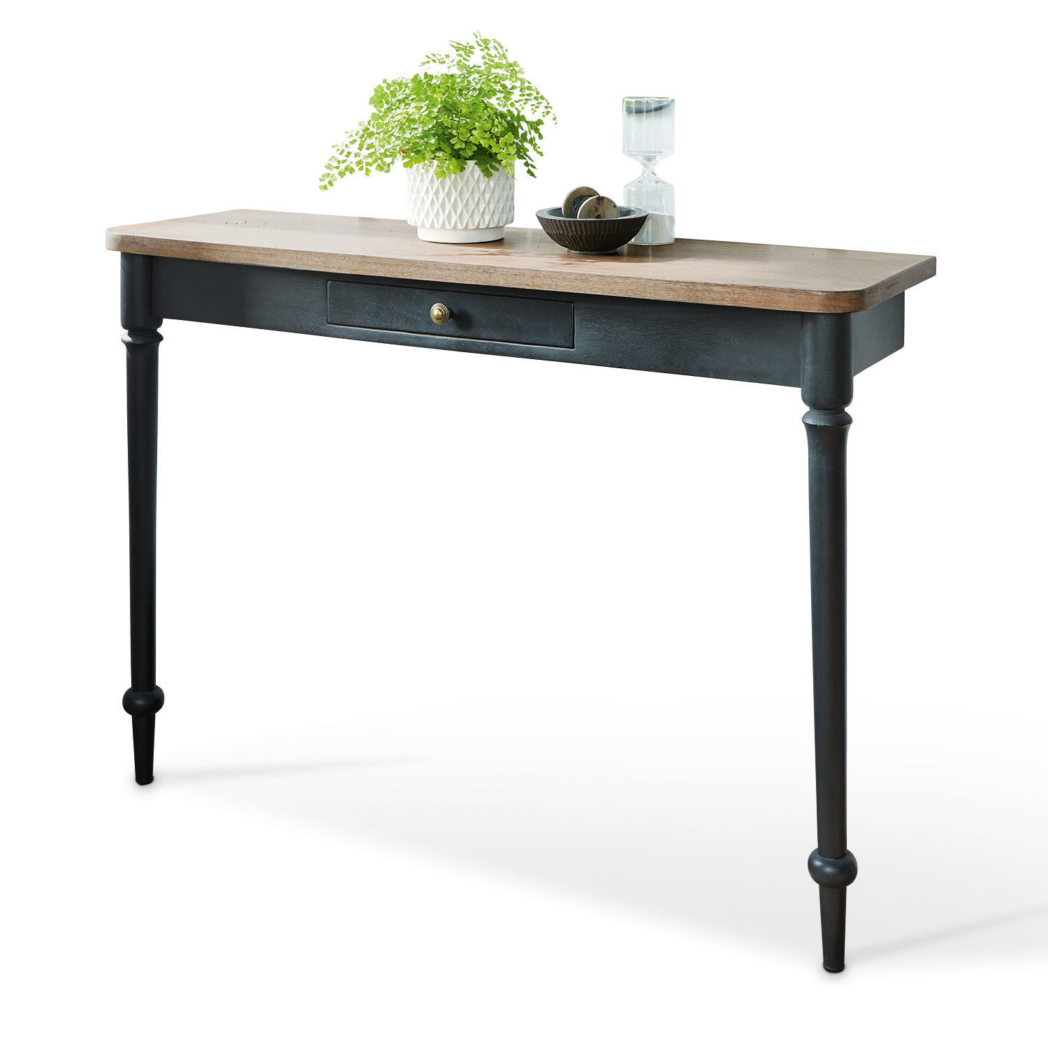 Consola Jarobrod Consola de madera negra con tablero claro y cajón, estilo vintage para salón