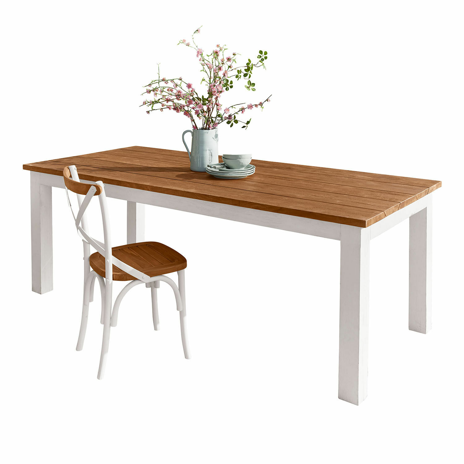 Mesa Kirkdale Mesa y silla de madera en blanco y marrón con decoración floral sobre la mesa