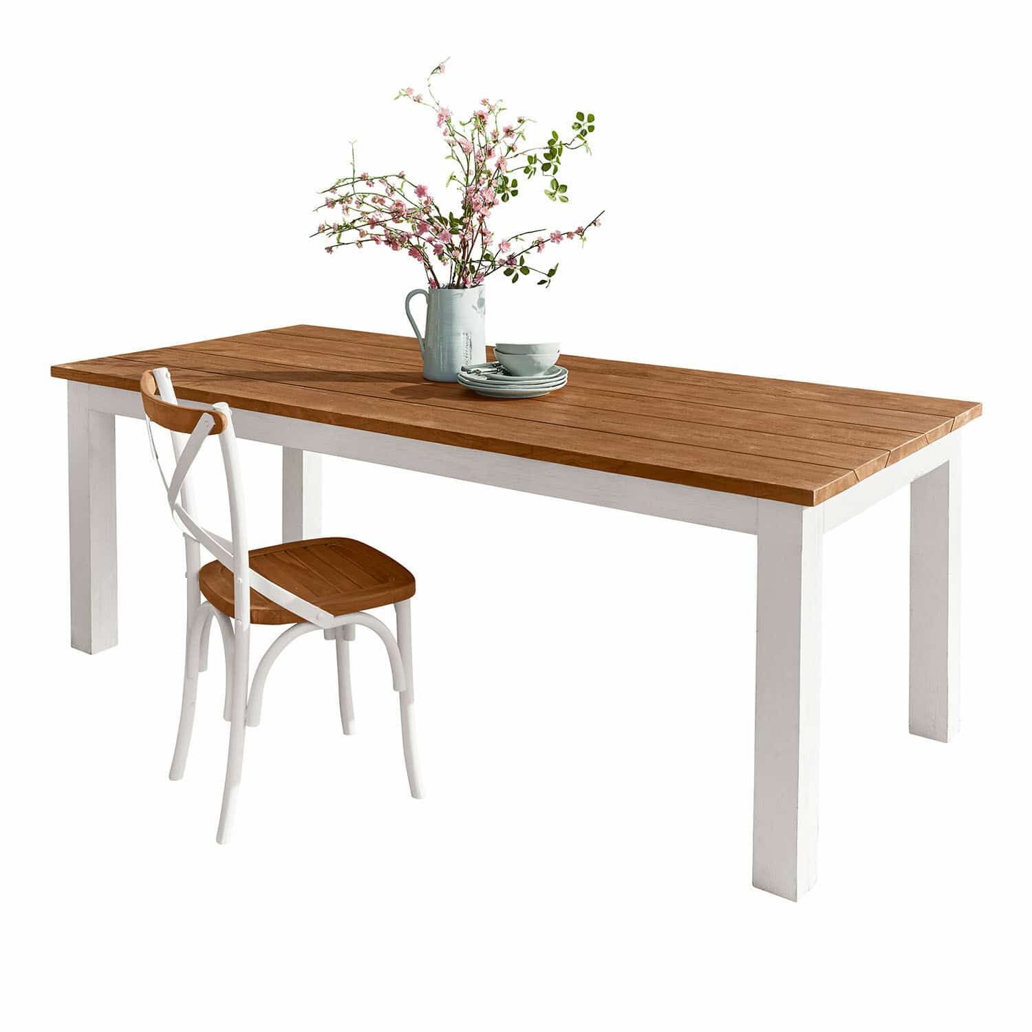 Mesa Kirkdale Mesa y silla de madera en blanco y marrón con decoración floral sobre la mesa