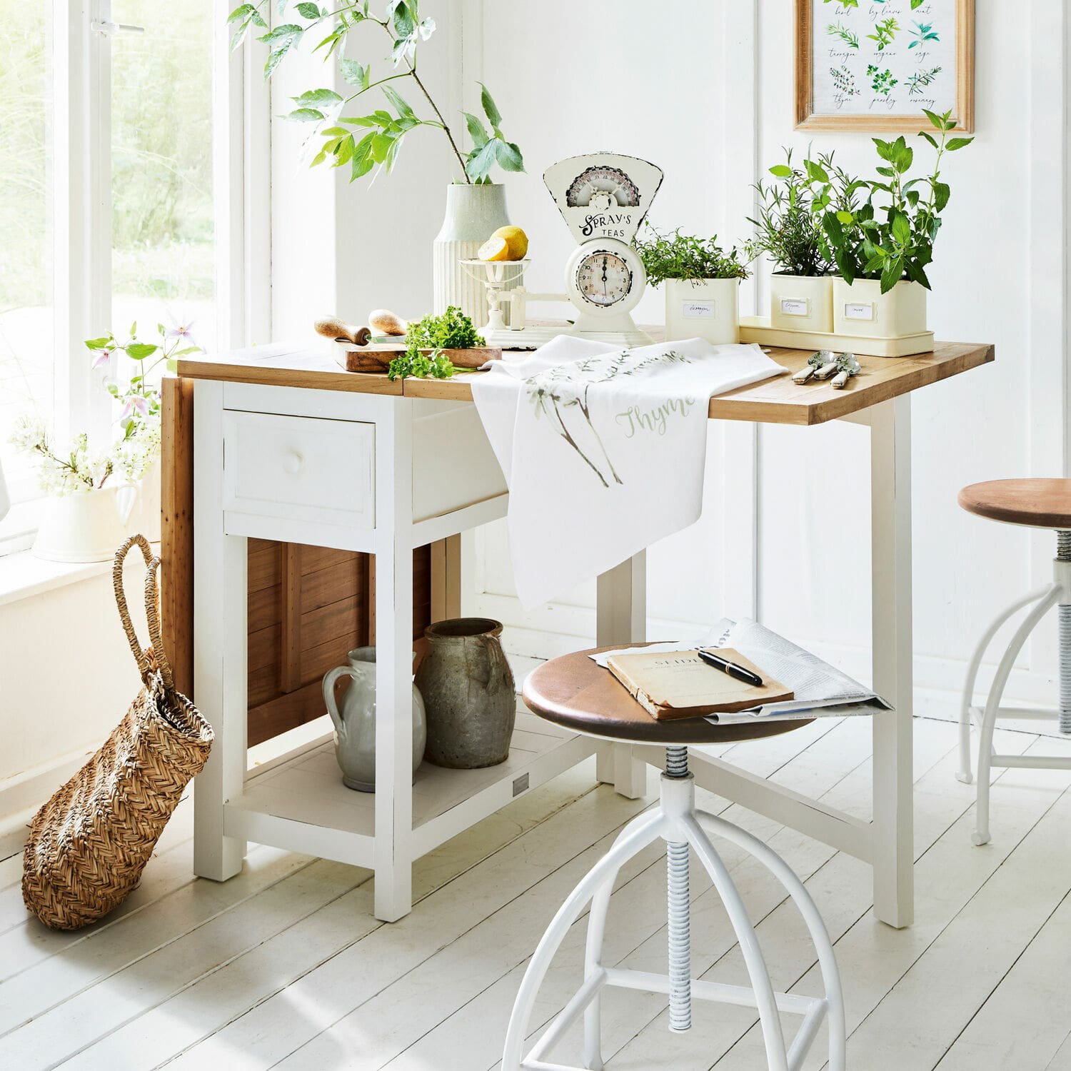 Mesa Dale Mesa de cocina blanca de madera con superficie de madera clara y plantas verdes en macetas