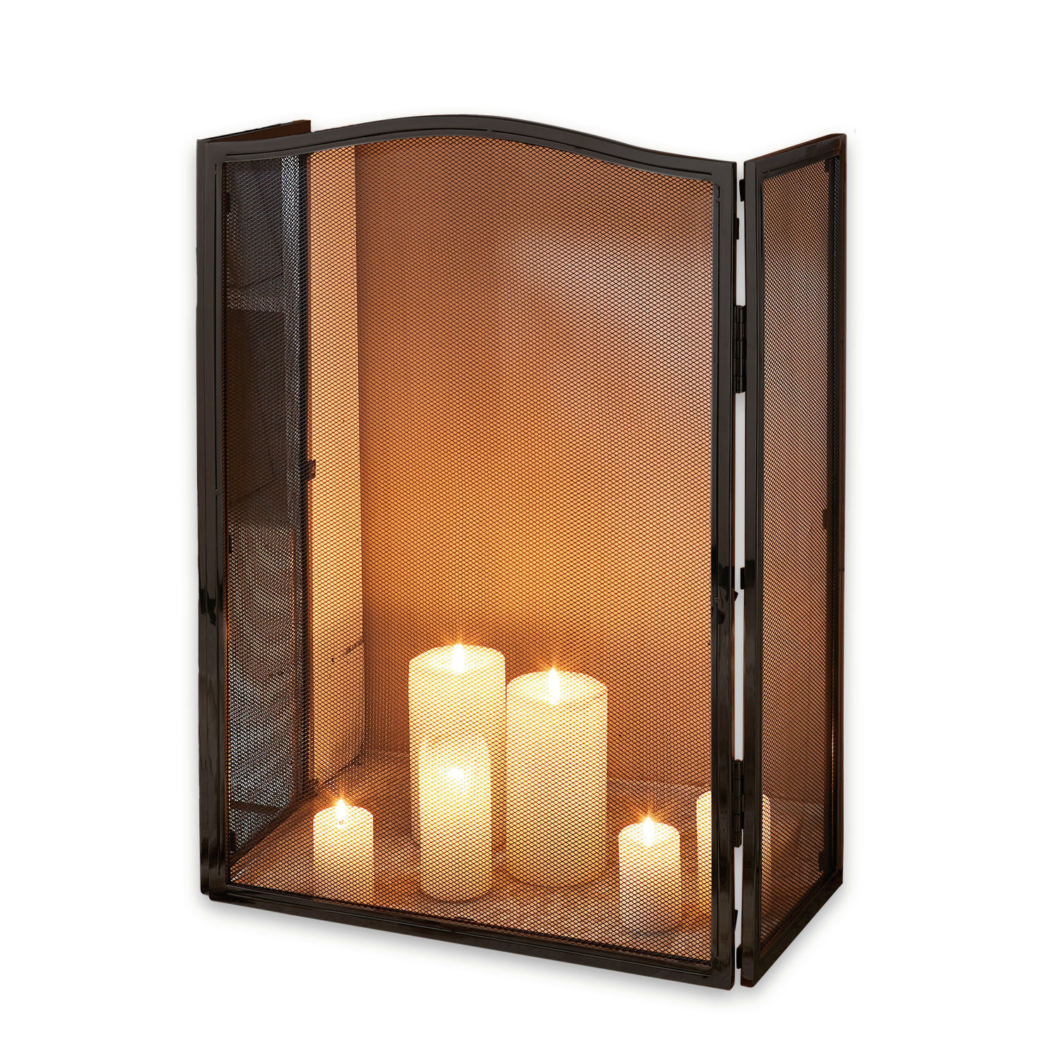 Protector de chimenea negro Lennon de metal con malla, protección y decoración interior con velas