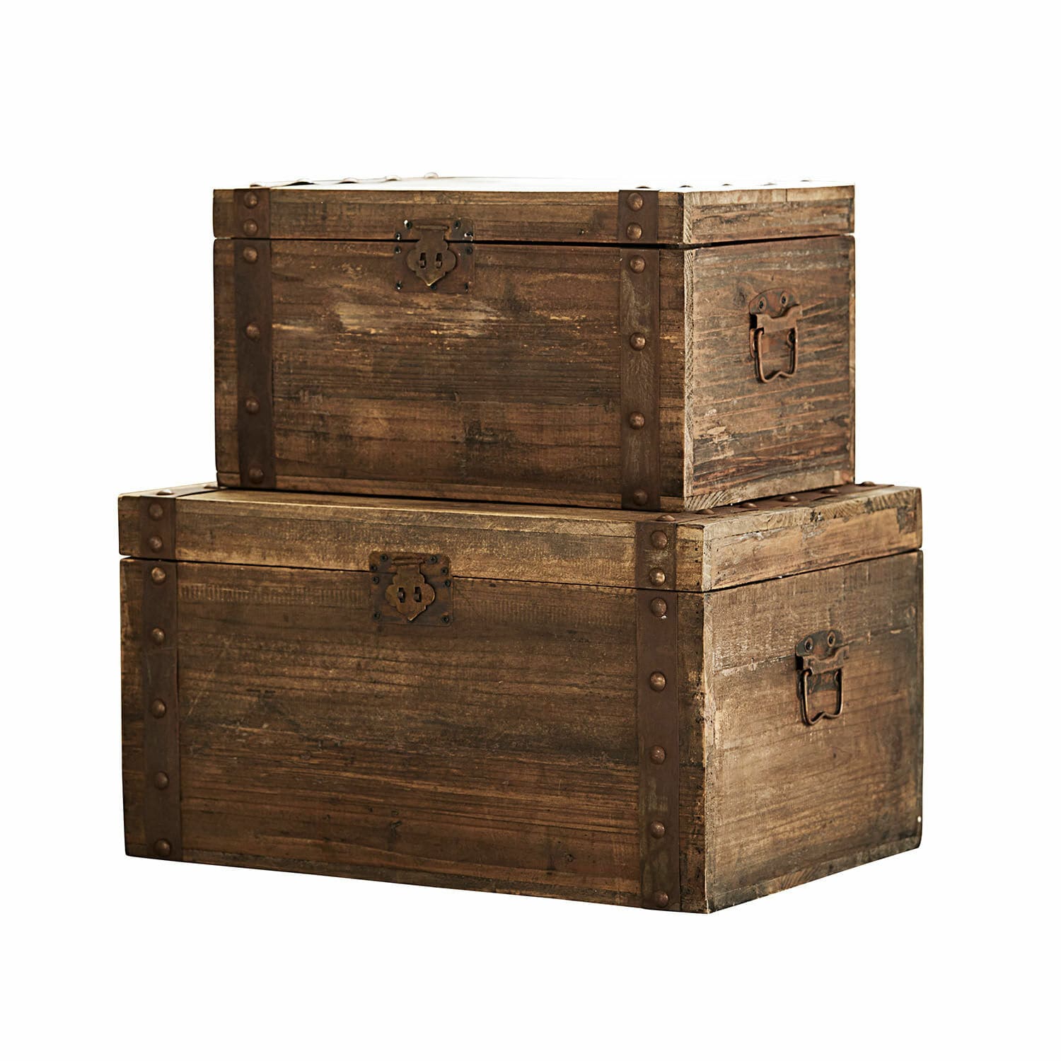 Set de 2 baúles Pratt Cajas de madera marrón con herrajes metálicos vintage, para almacenamiento y decoración
