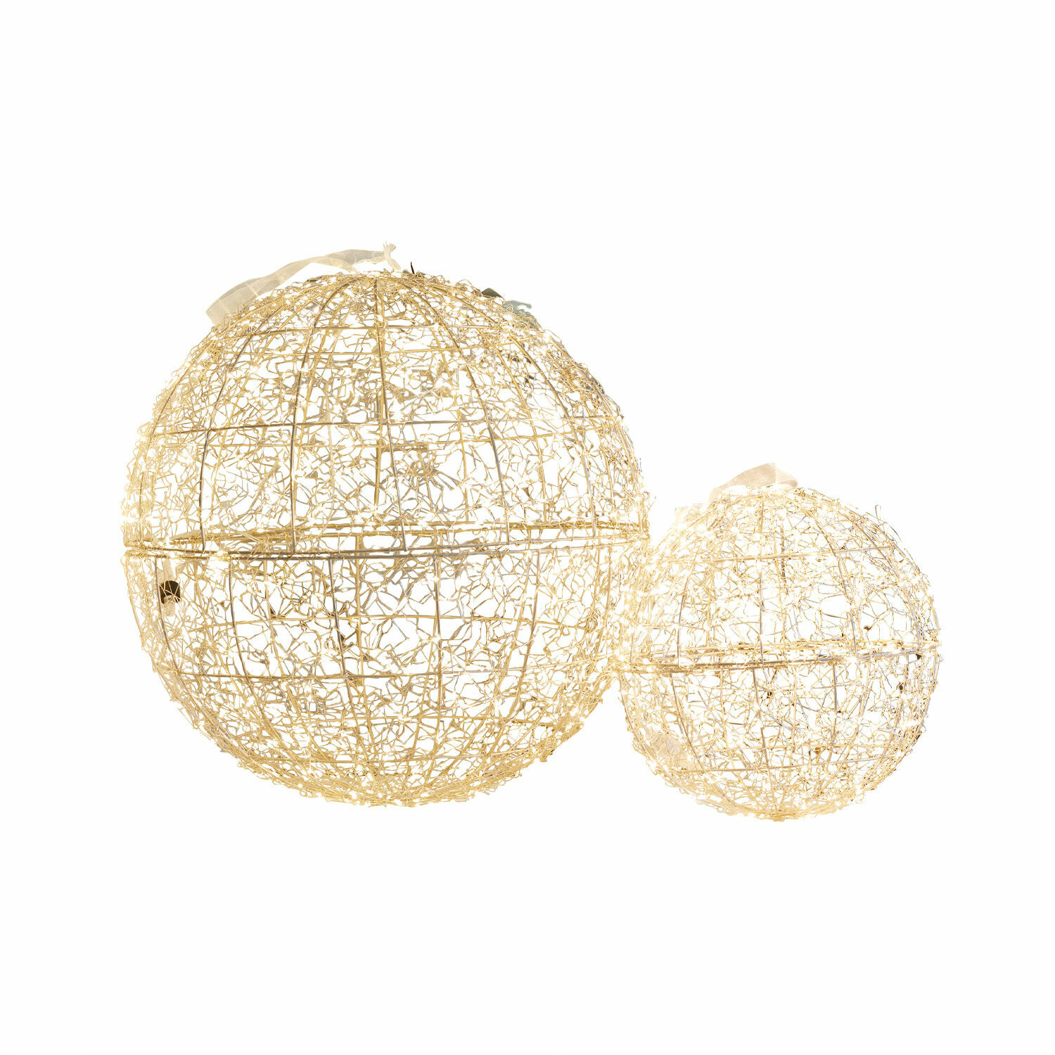 Set de 2 esferas LED Ambertin Dos esferas decorativas de alambre dorado con luces, ideales para decoración e iluminación interior.