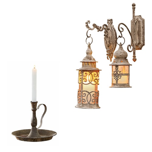 Candelero de metal y dos faroles rústicos de pared de hierro forjado color óxido