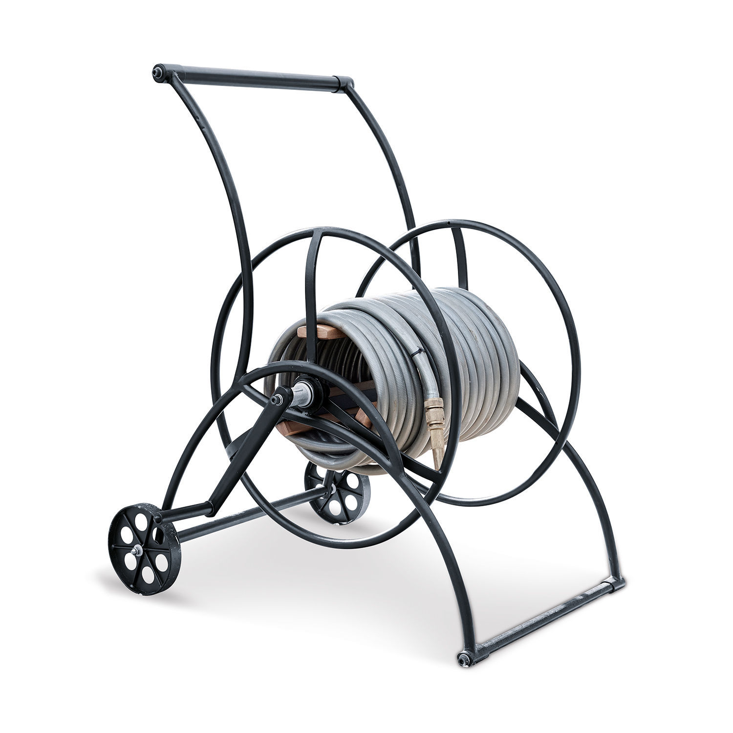 Carro de manguera Middleby Carro metálico negro con manguera gris para riego de jardín fácil de usar
