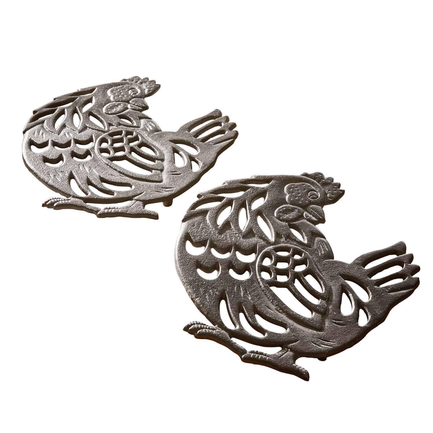 Set de 2 salvamanteles Chavéreau Dos salvamanteles decorativos en forma de gallinas de metal gris, accesorio rústico de cocina