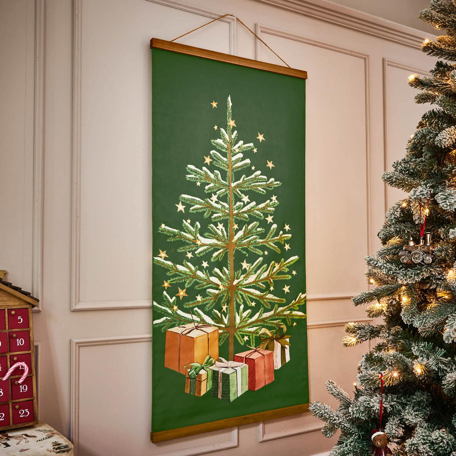 Lienzo verde con árbol de Navidad y regalos, decoración navideña para pared en casa