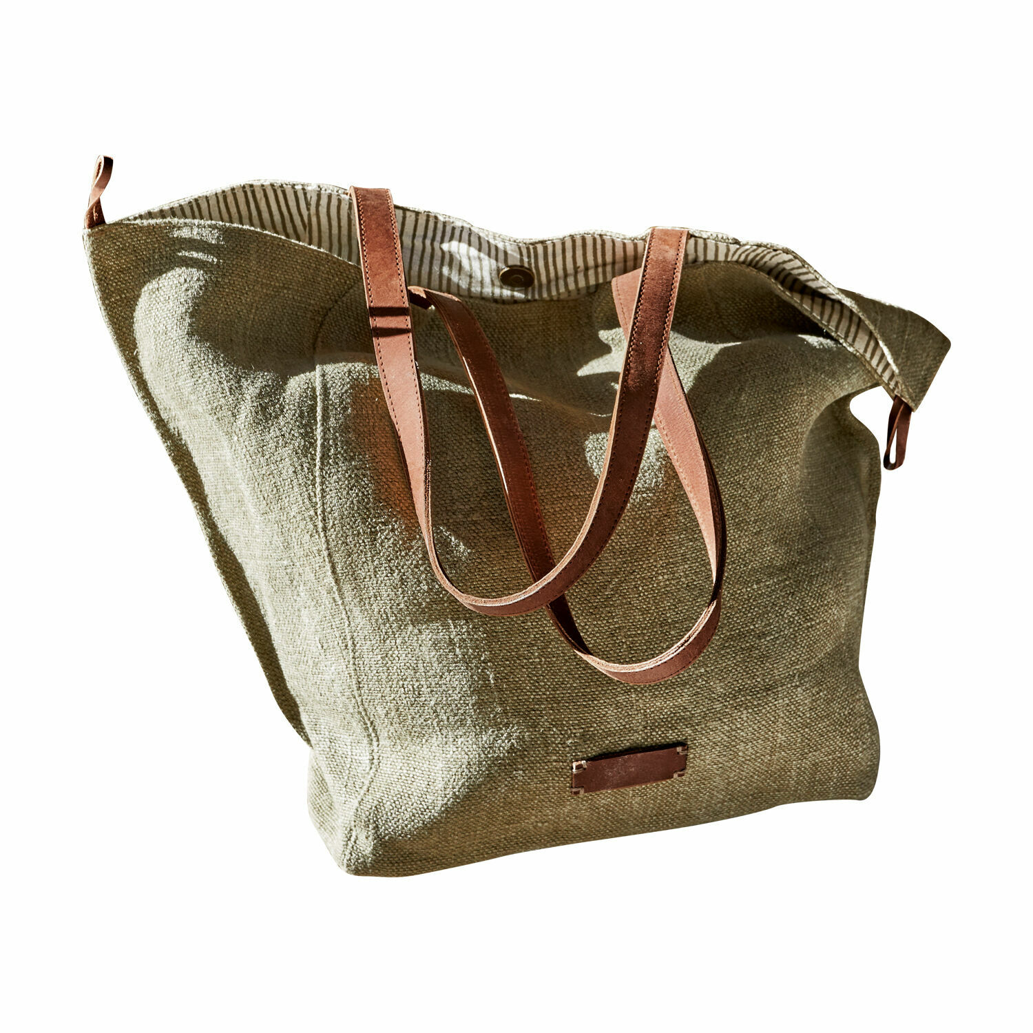 Bolso Soleil Bolsa de lino beige con asas y correa de cuero marrón, bolso de compras elegante