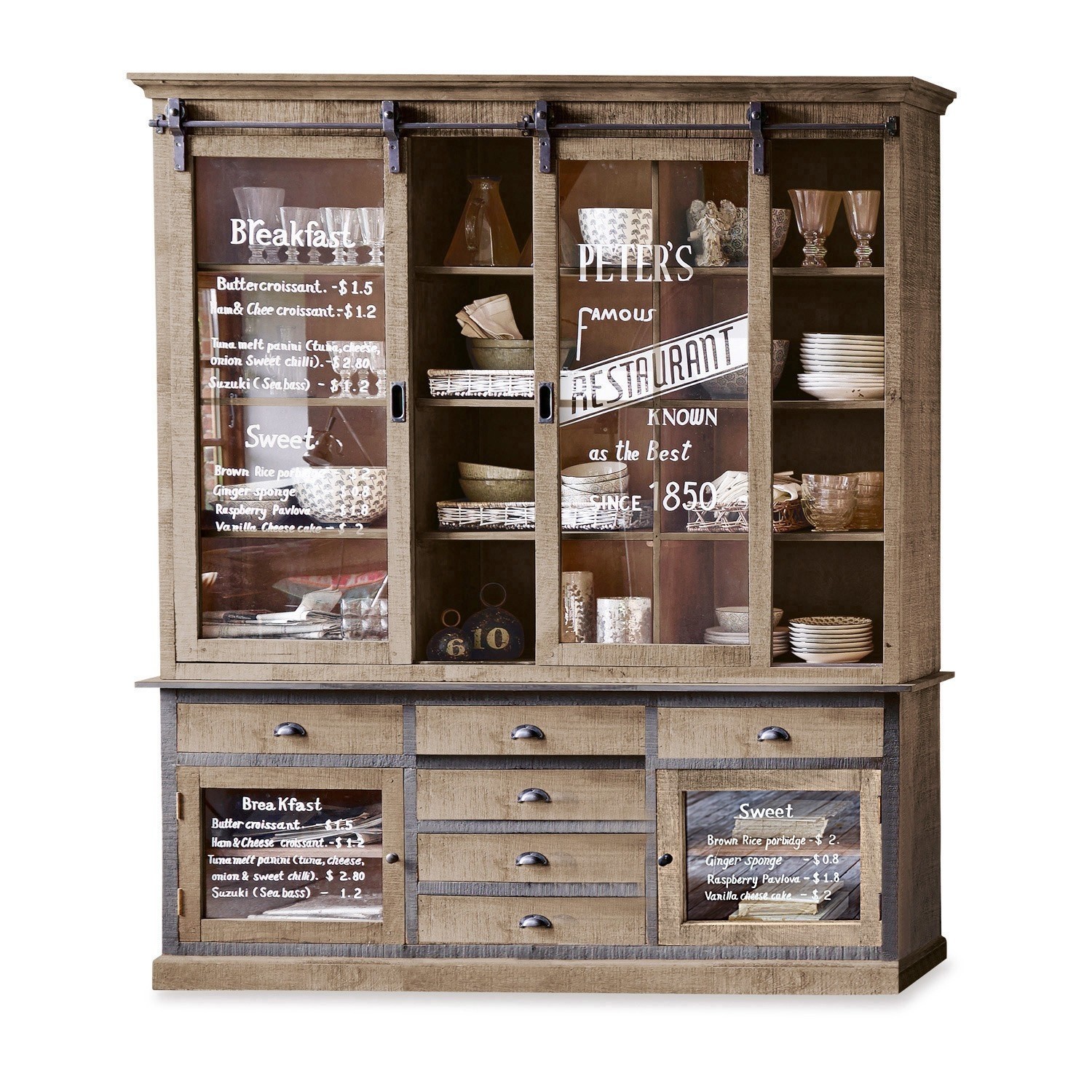 Armario Peter´s Gran vitrina de madera con puertas correderas de vidrio y estantes para vajilla estilo vintage