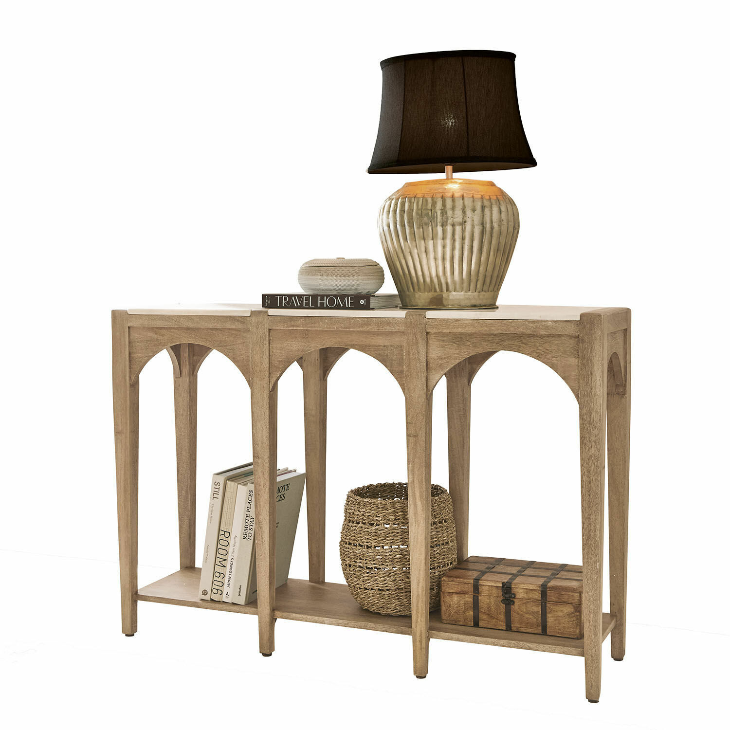 Consola Annabelle Consola de madera de mango natural con lámpara y decoraciones, mueble elegante para salón