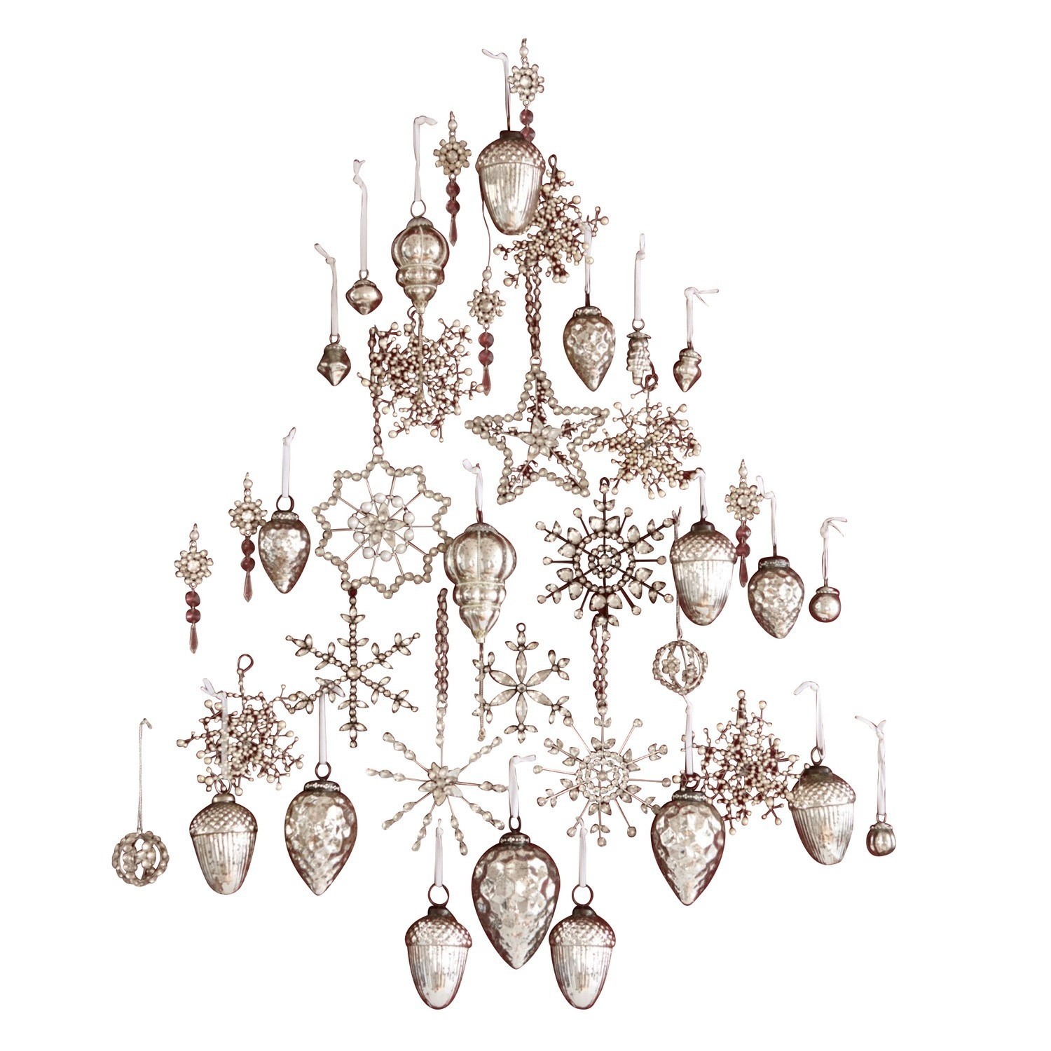 Set de adornos navideños Bjouterie Conjunto de adornos navideños plateados en forma de estrellas y bellotas para árbol