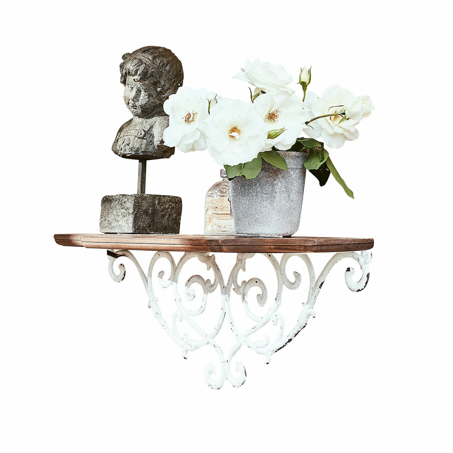 Estante de pared Rubén Estante de pared rústico de madera y metal blanco con busto decorativo y maceta con flores blancas