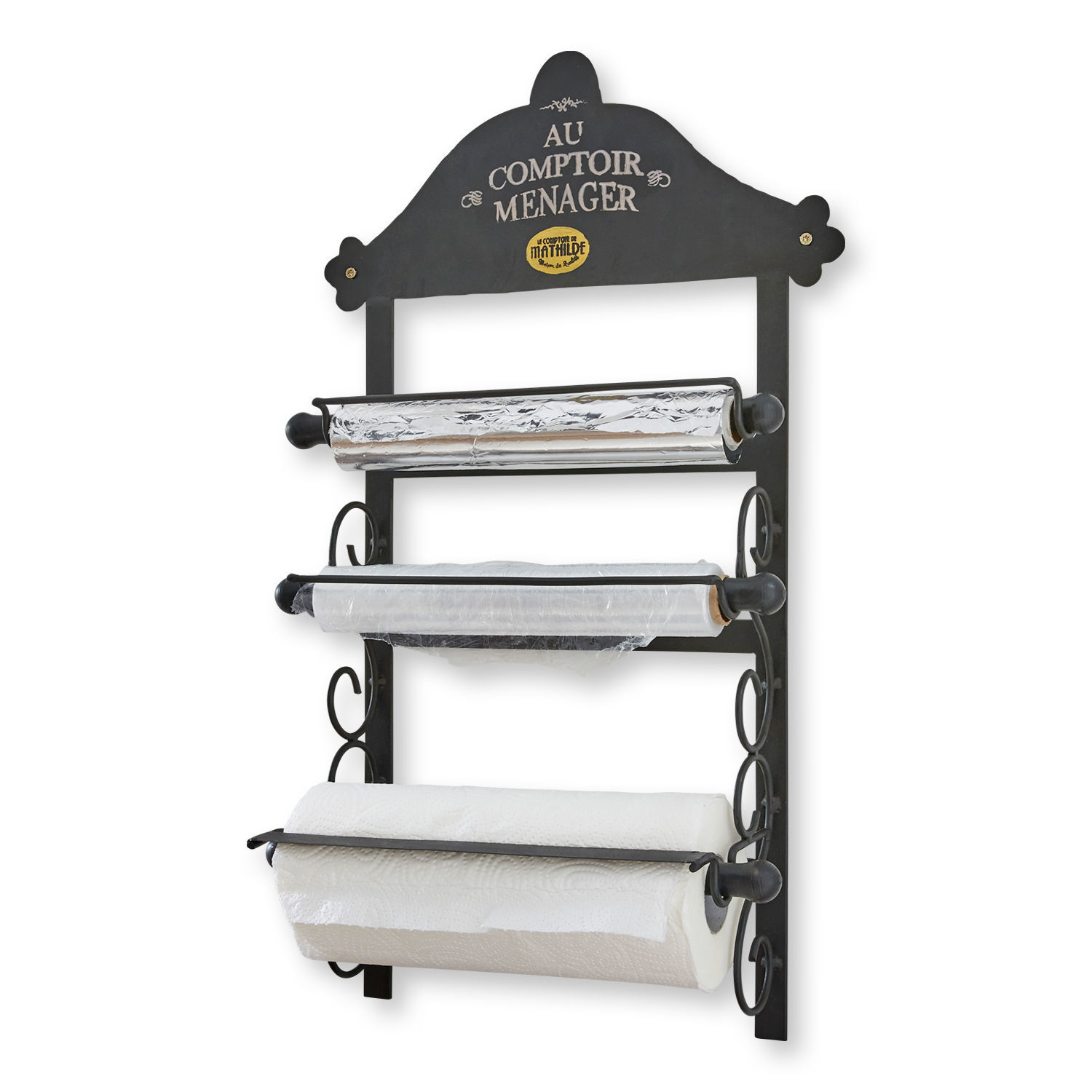 Dispensador Isigny Soporte de pared negro de metal para papel de aluminio, film transparente y papel de cocina