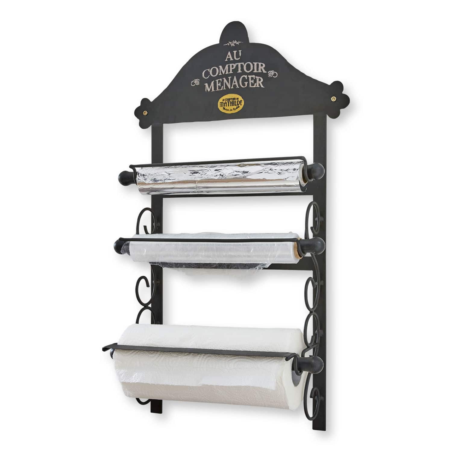 Dispensador Isigny Soporte de pared negro de metal para papel de aluminio, film transparente y papel de cocina