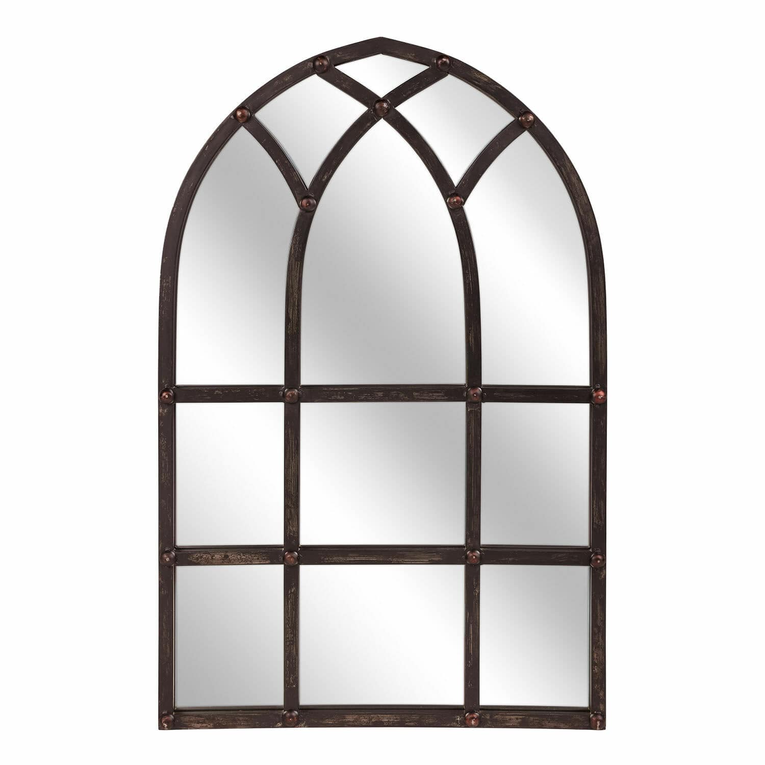 Espejo Aprique Espejo de pared con marco metálico marrón oscuro y diseño decorativo arqueado para interiores
