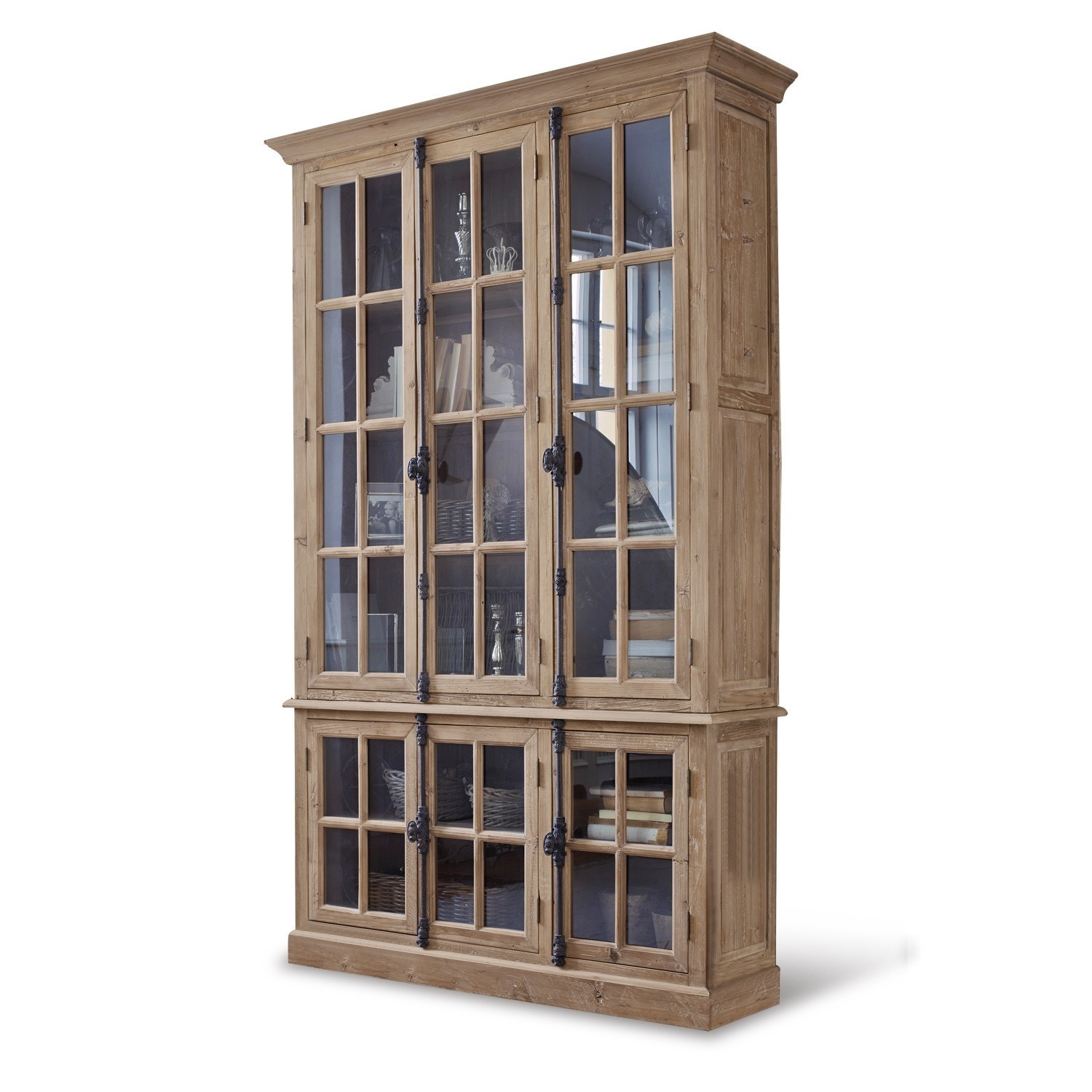 Armario Mamirolle Gran vitrina de madera natural con puertas de cristal y bisagras metálicas negras para almacenamiento