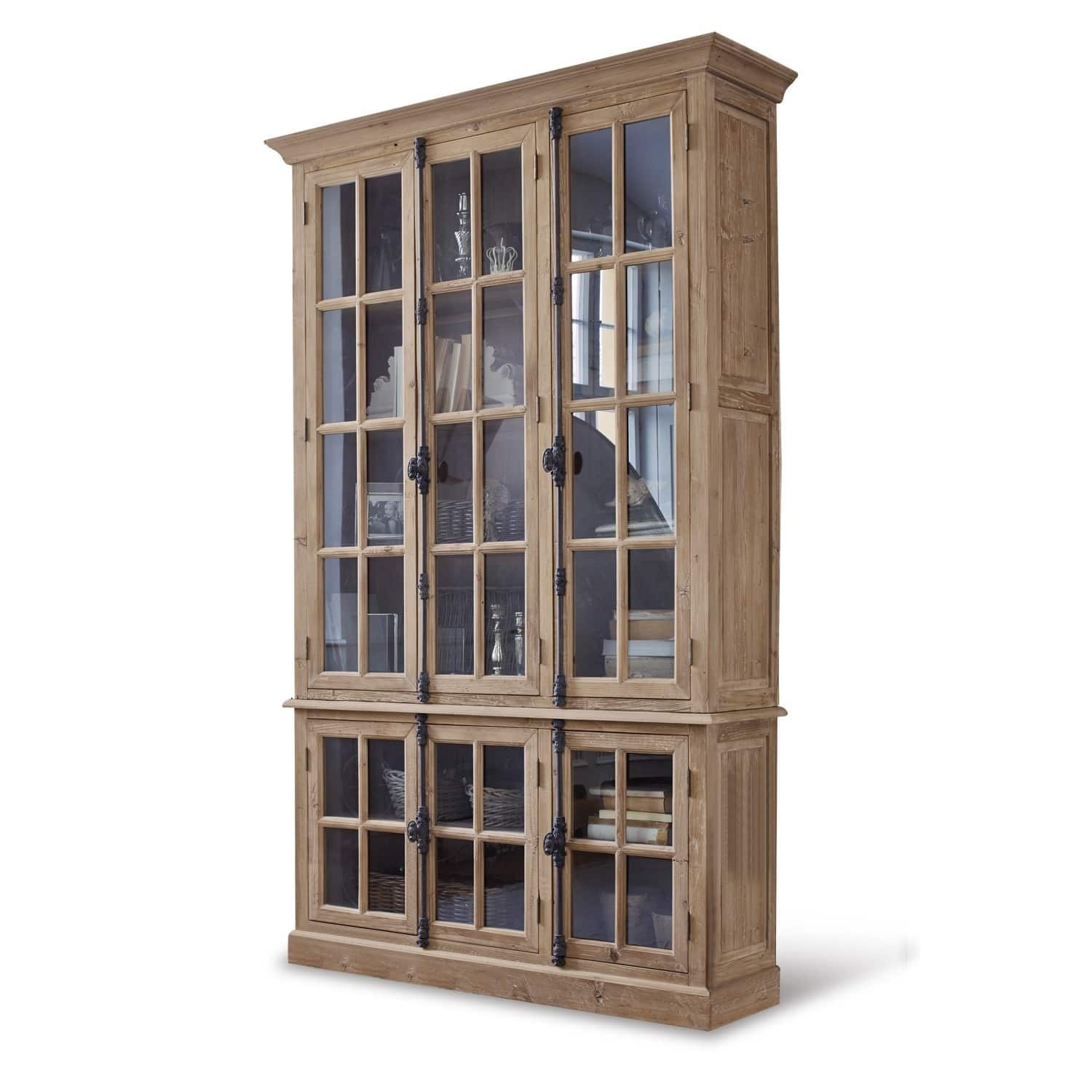 Armario Mamirolle Gran vitrina de madera natural con puertas de cristal y bisagras metálicas negras para almacenamiento