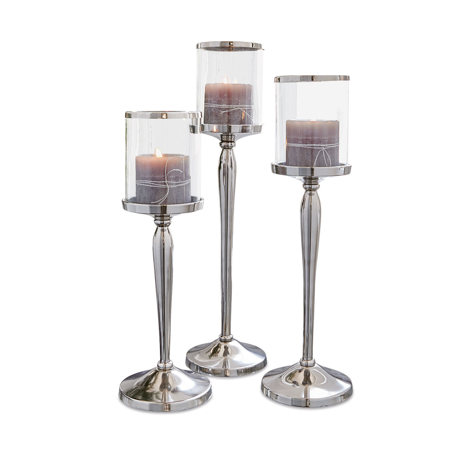 Juego de 2 candelabros Serres Conjunto de tres candelabros plateados de vidrio y metal con velas decorativas grises
