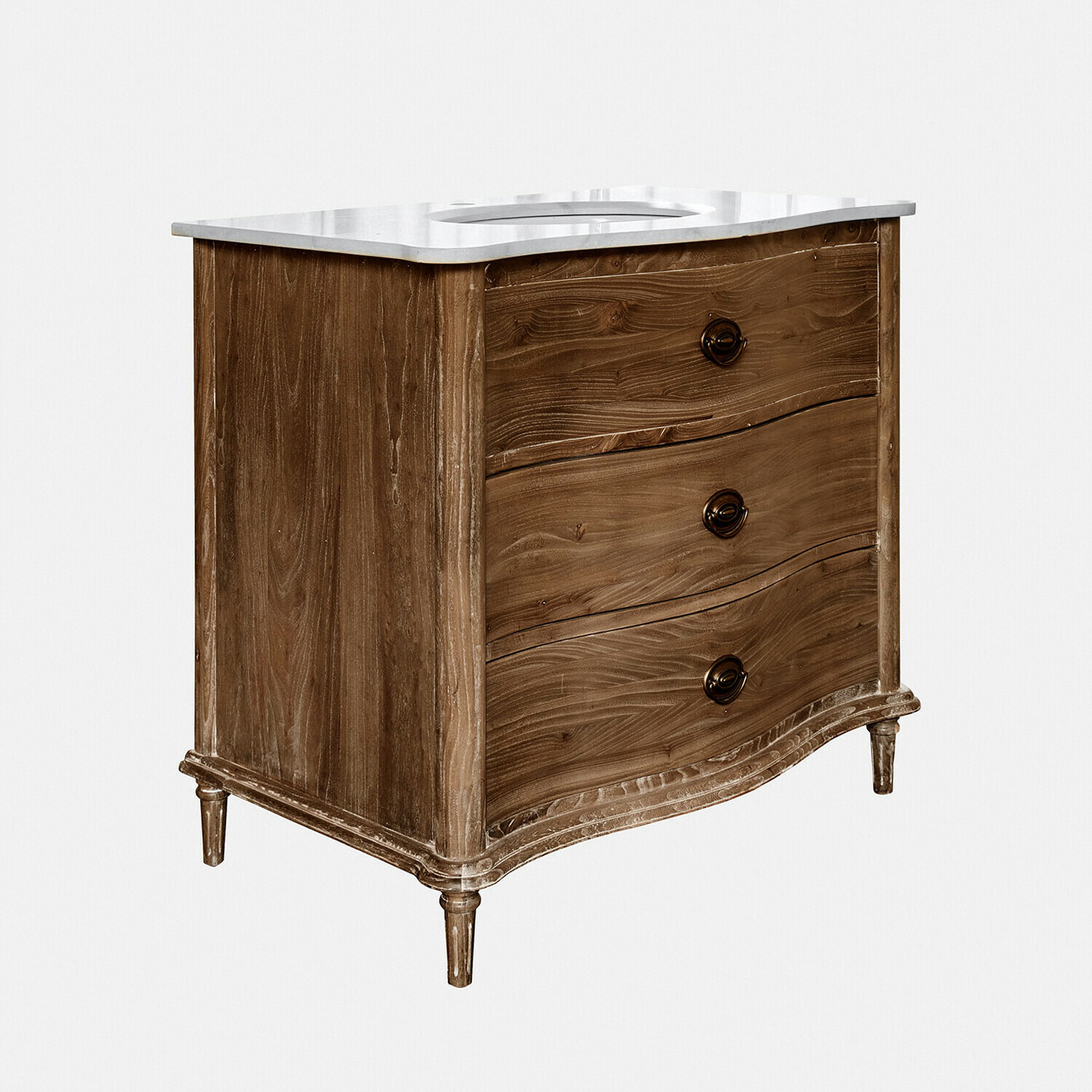 Cómoda de madera con tres cajones y encimera de mármol blanco, mueble elegante para salón