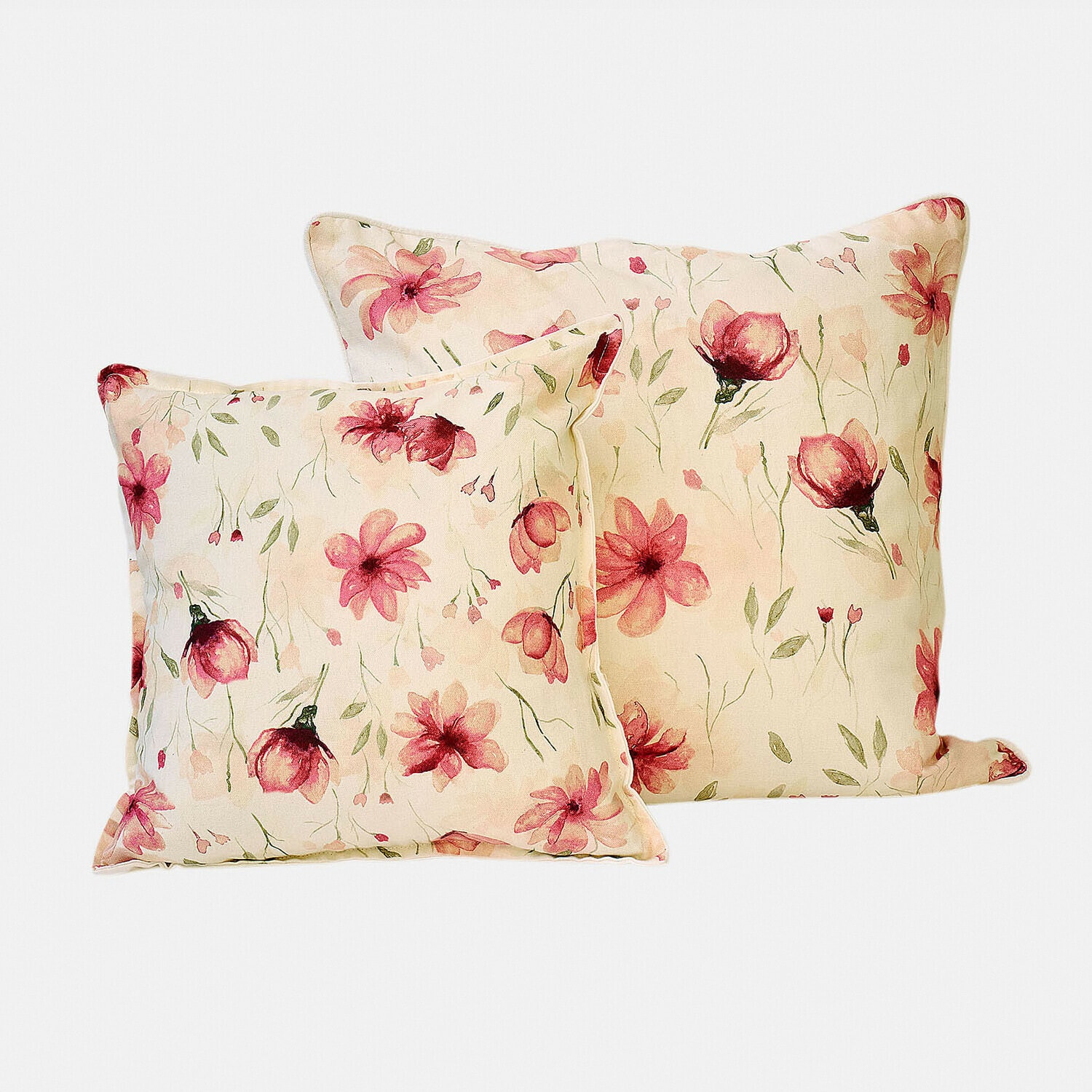 Set de 2 fundas de cojín Doravela Conjunto de dos cojines cuadrados de algodón color crema con flores rosas para decoración del hogar