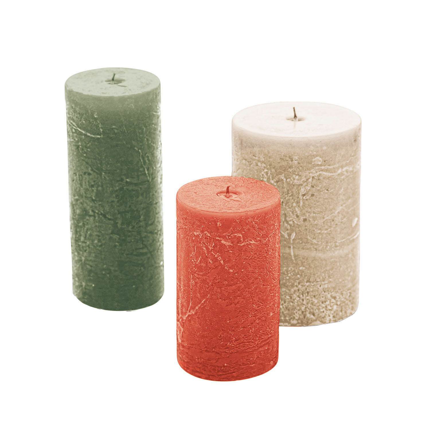Set de 3 velas Pretin en beige, verde y naranja con textura de cera para decoración