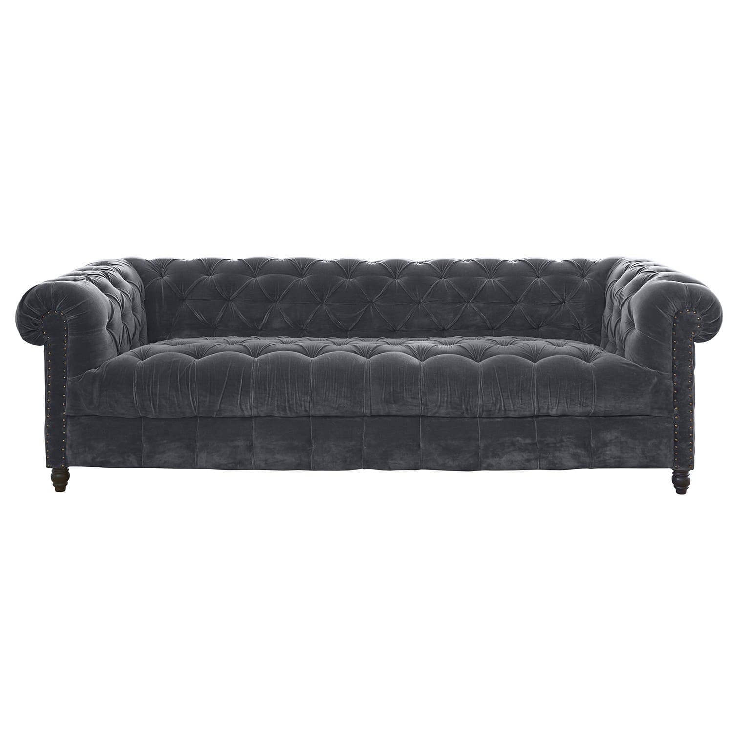Sofá Parpeville Sofá Chesterfield gris de terciopelo con respaldo capitoné y patas de madera, mueble elegante para salón