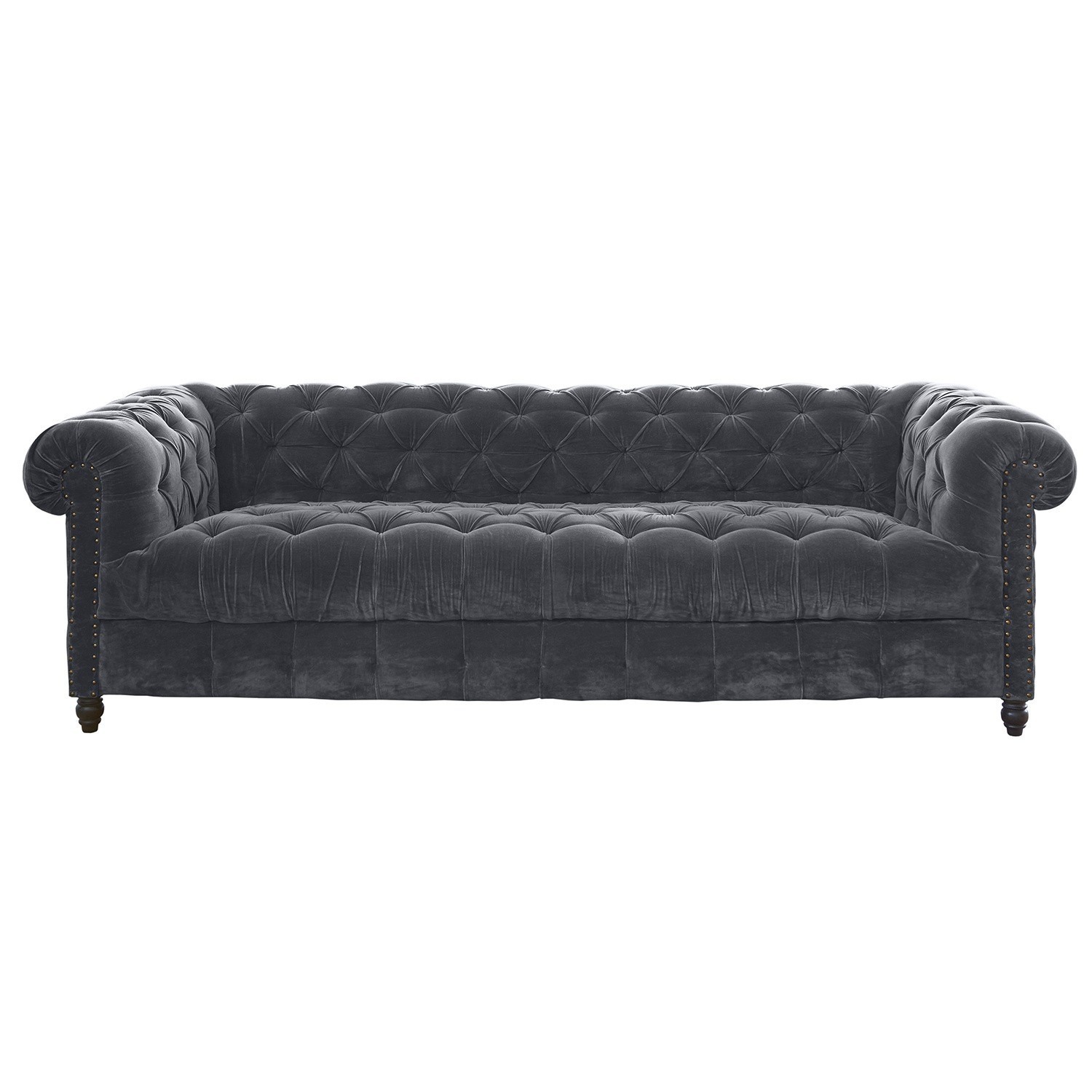 Sofá Parpeville Sofá Chesterfield gris de terciopelo con respaldo capitoné y patas de madera, mueble elegante para salón