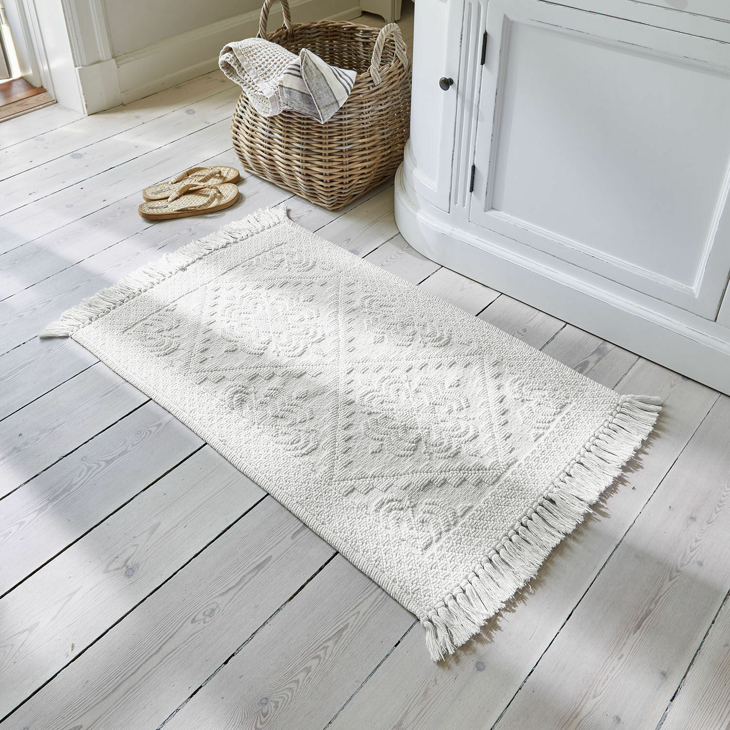 Alfombra blanca de algodón con flecos y diseño, decoración de suelo para interiores estilo escandinavo
