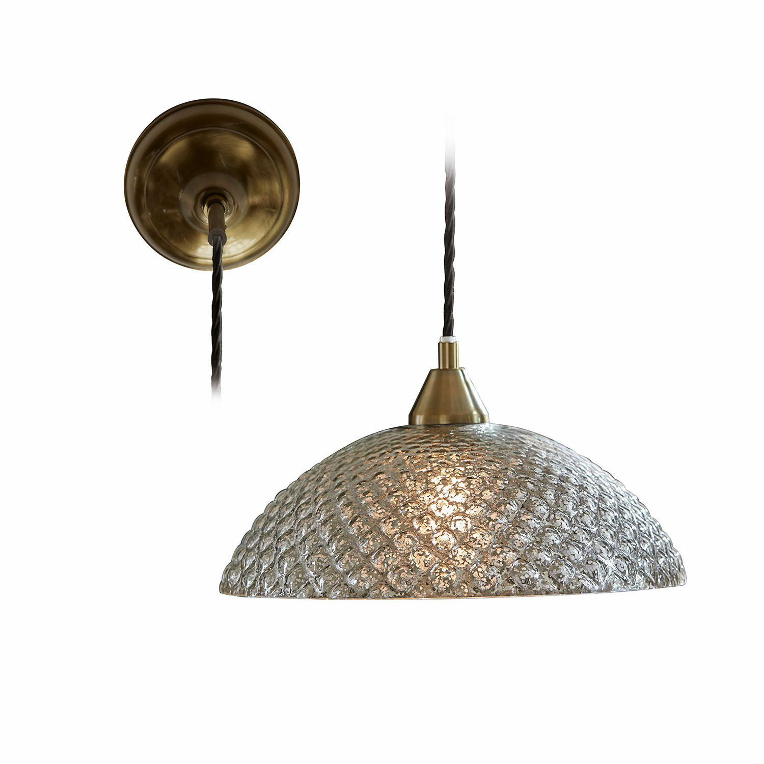 Lámpara colgante Lawndale Lámpara colgante de vidrio con soporte de latón y cable negro, pantalla decorativa texturizada