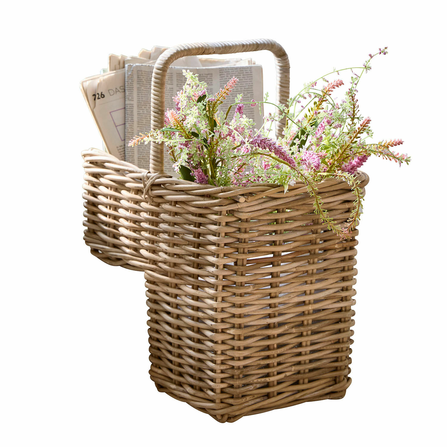 Cesta Merveillette Cesta de bicicleta de mimbre natural con flores y periódicos, accesorio práctico para bicicleta