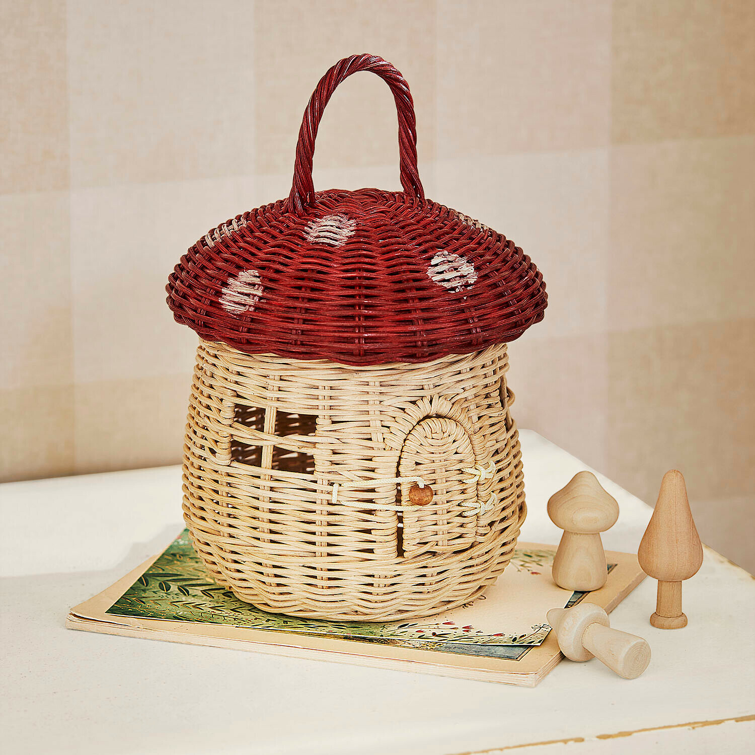 Cesta Norilie Cesta de mimbre con forma de hongo, techo rojo y asa, decoración para el hogar