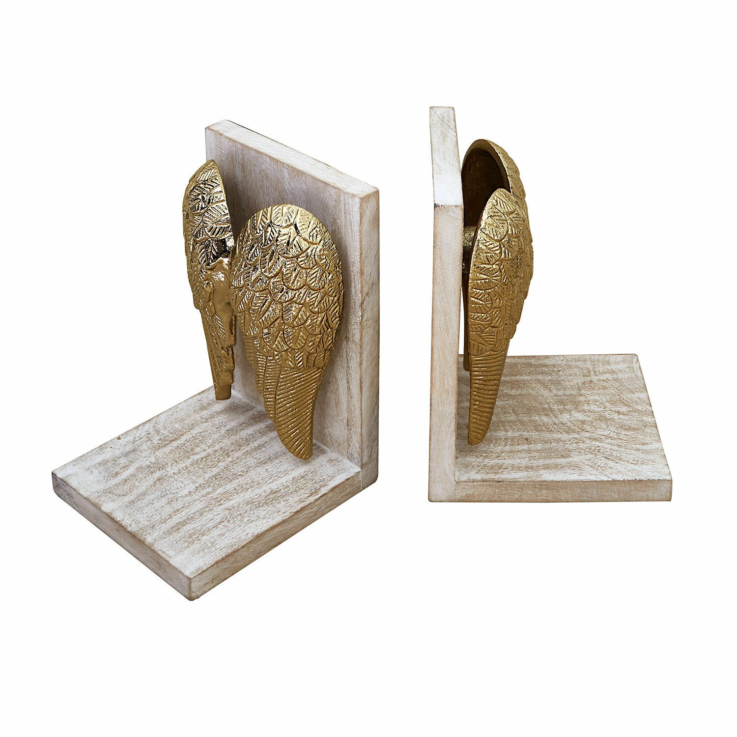 Set de 2 sujetalibros Lunelles Par de sujetalibros de madera con alas doradas decorativas, accesorio para el hogar