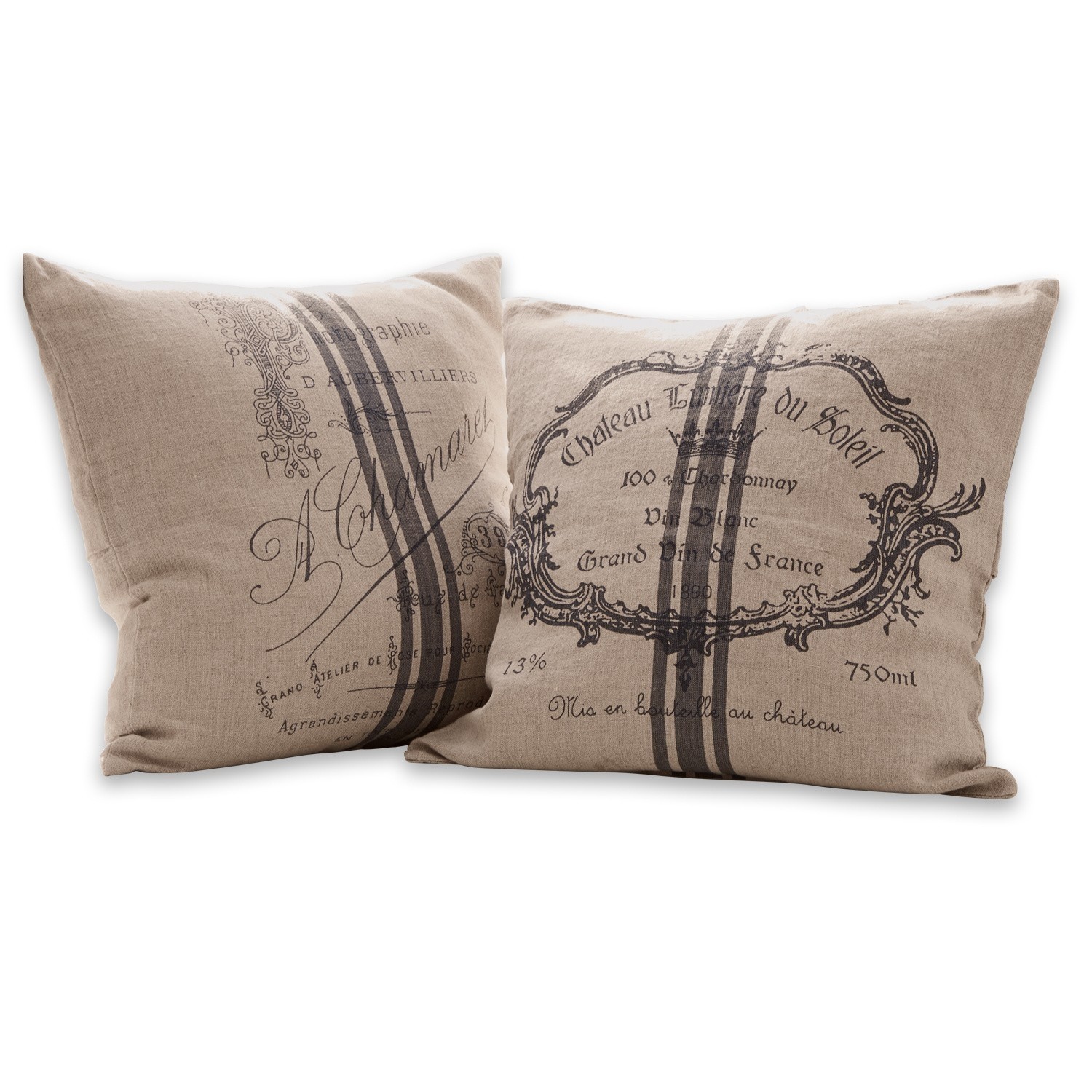Set de 2 fundas de cojín Jourdain Cojines decorativos de lino beige con estampado vintage negro y rayas, estilo rústico