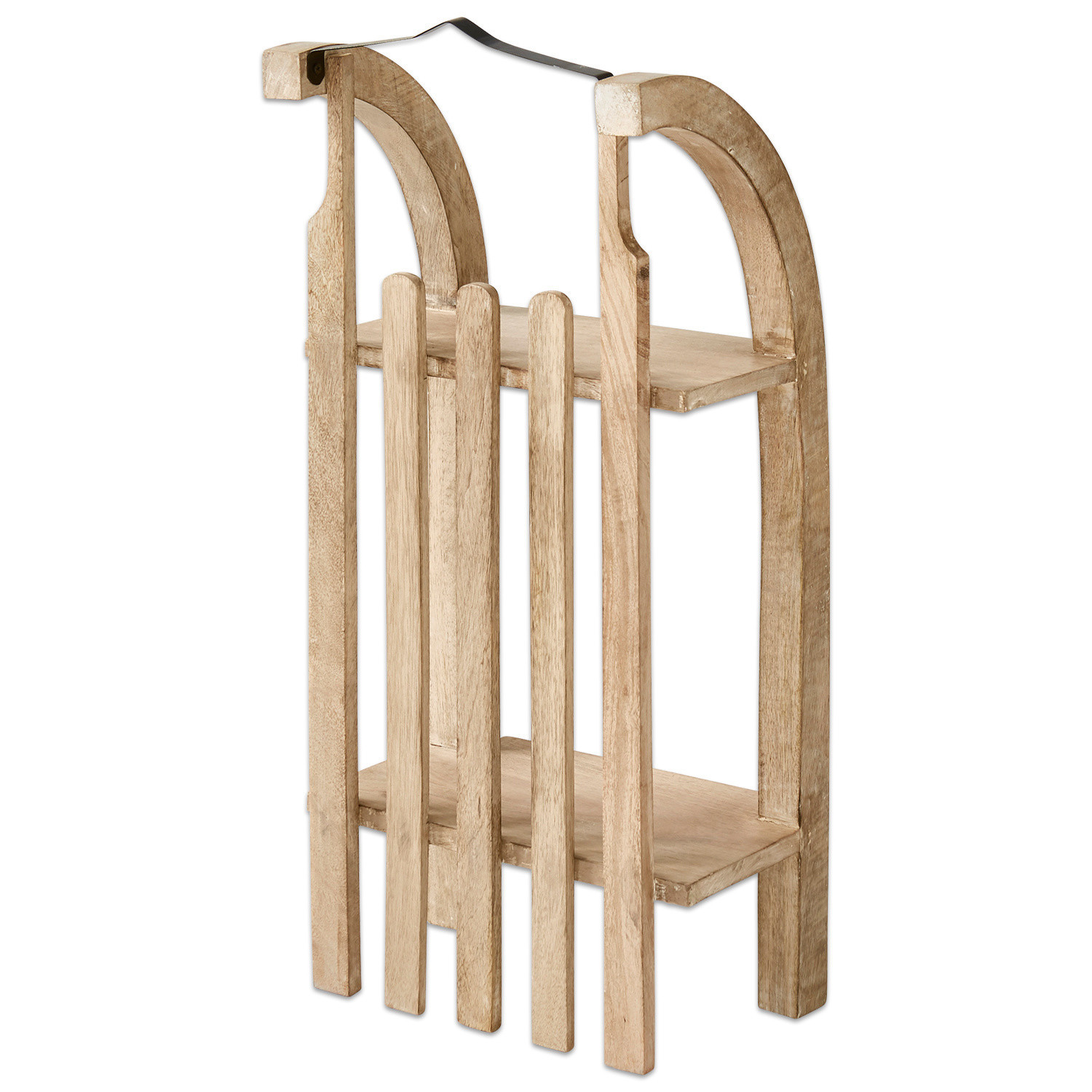 Estante Renier Soporte de madera natural con dos estantes y asa metálica para almacenar leña de forma práctica