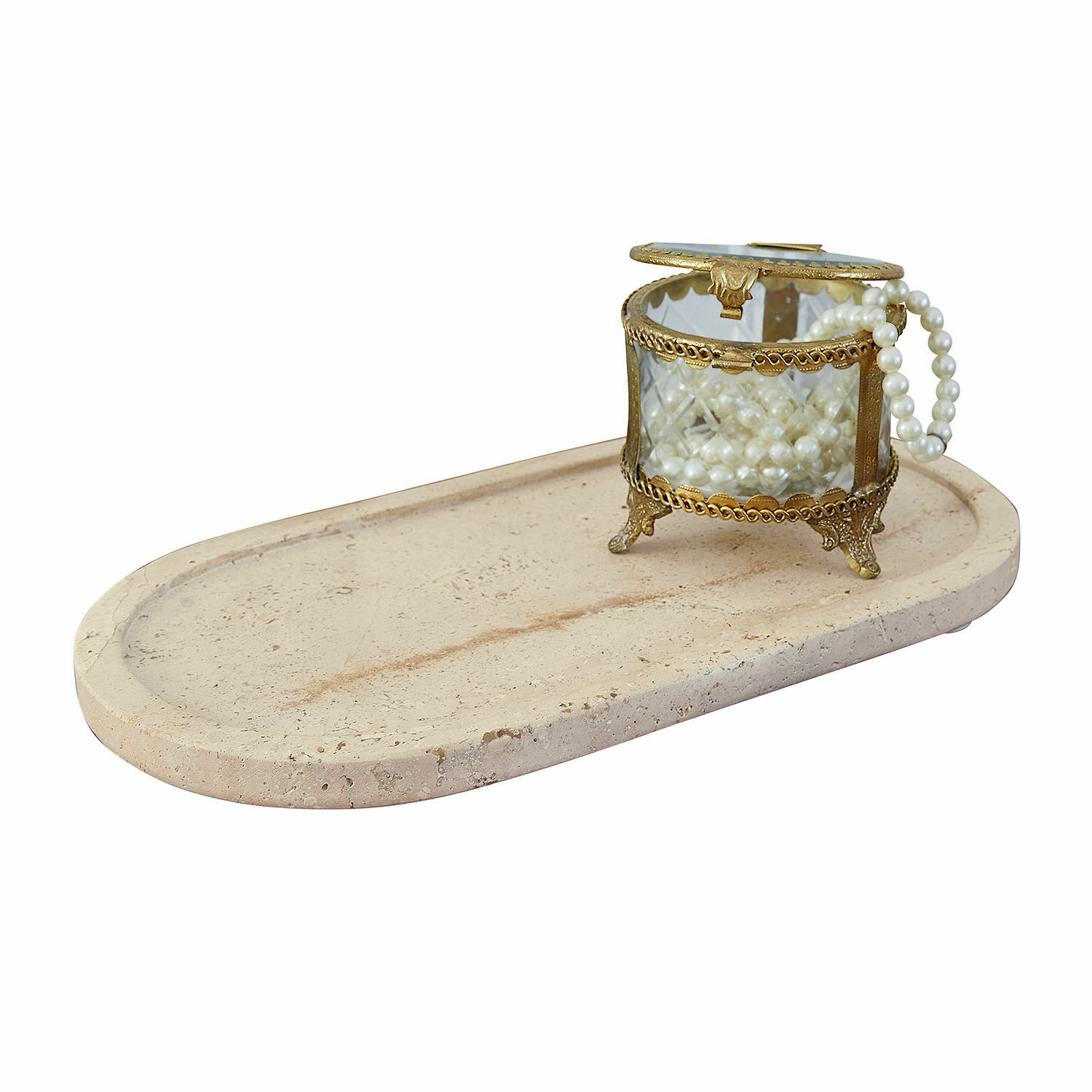 Bandeja ovalada de piedra con caja de joyería de vidrio decorada con perlas blancas