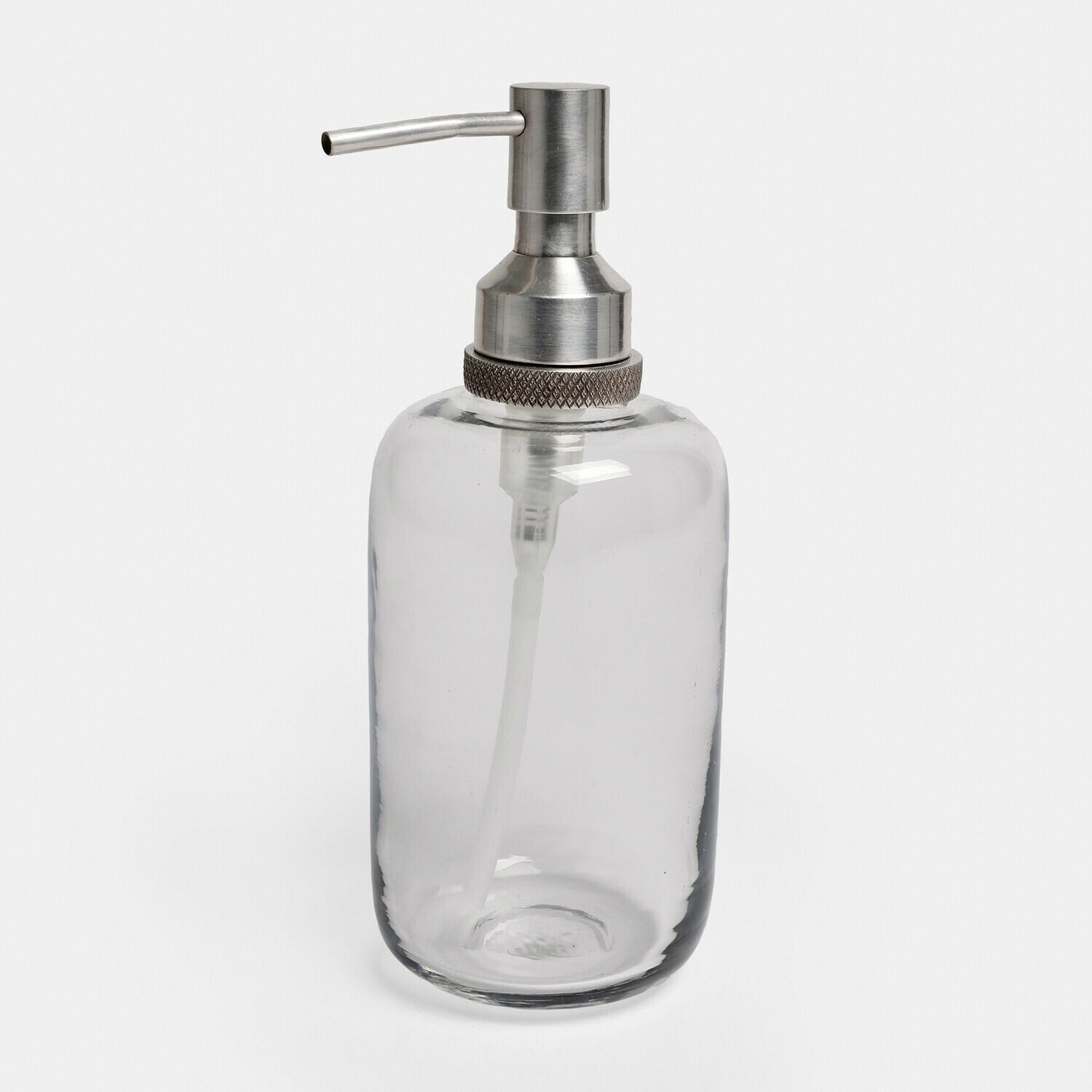 Dispensador transparente de vidrio con bomba metálica plateada para jabón o líquido