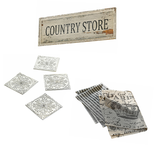 Cartel de madera Country Store con posavasos grises y paños de cocina de lino