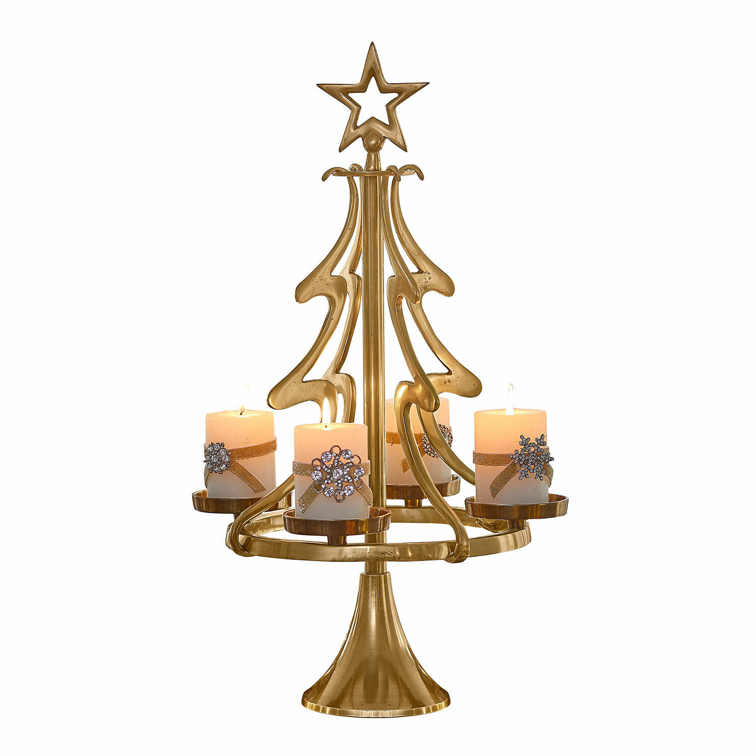 Soporte para corona de Adviento Gaetana Candelabro dorado de metal en forma de árbol con cuatro velas blancas y decoración navideña