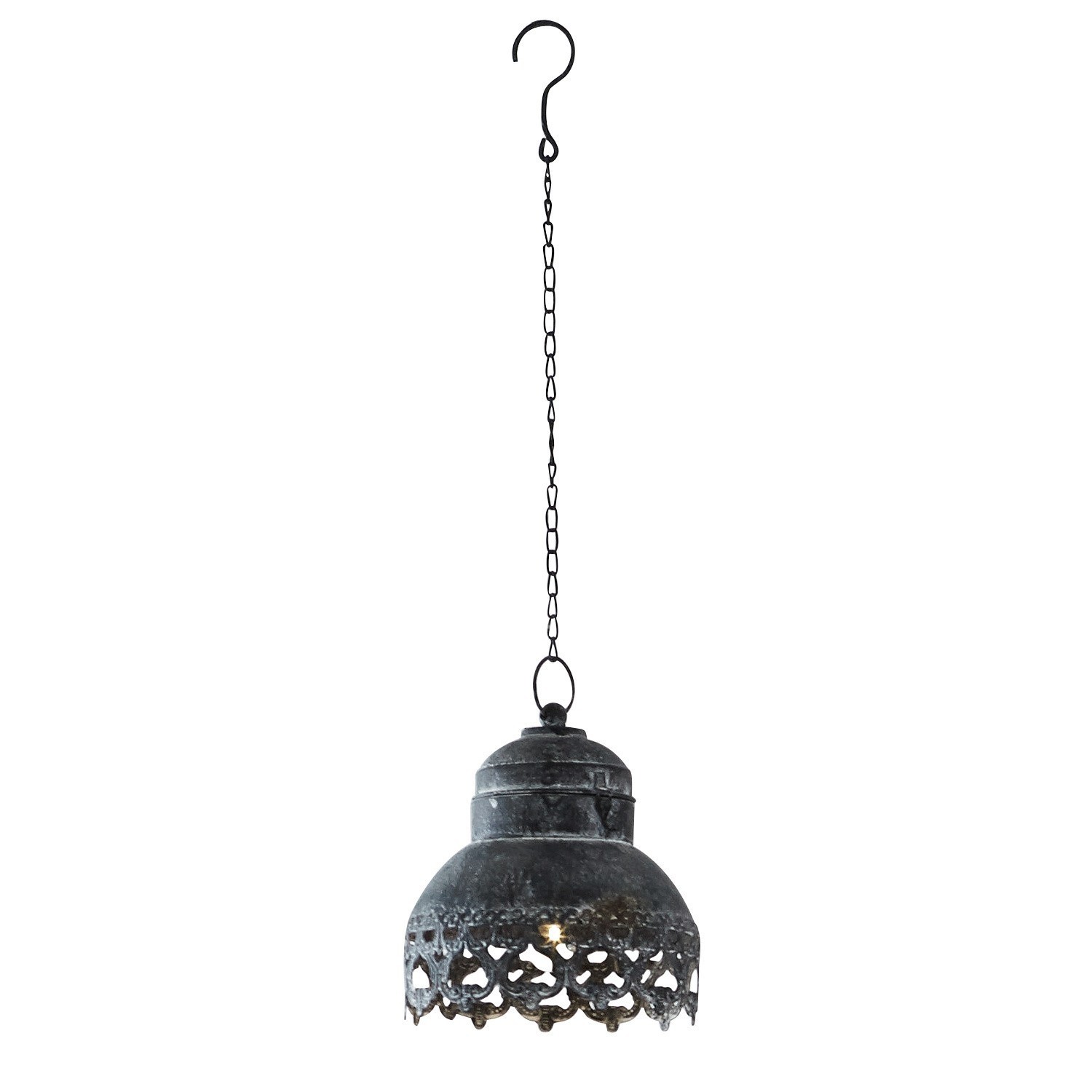 Linterna colgante Cornell de metal gris antiguo con LED y diseño decorativo, iluminación ambiental