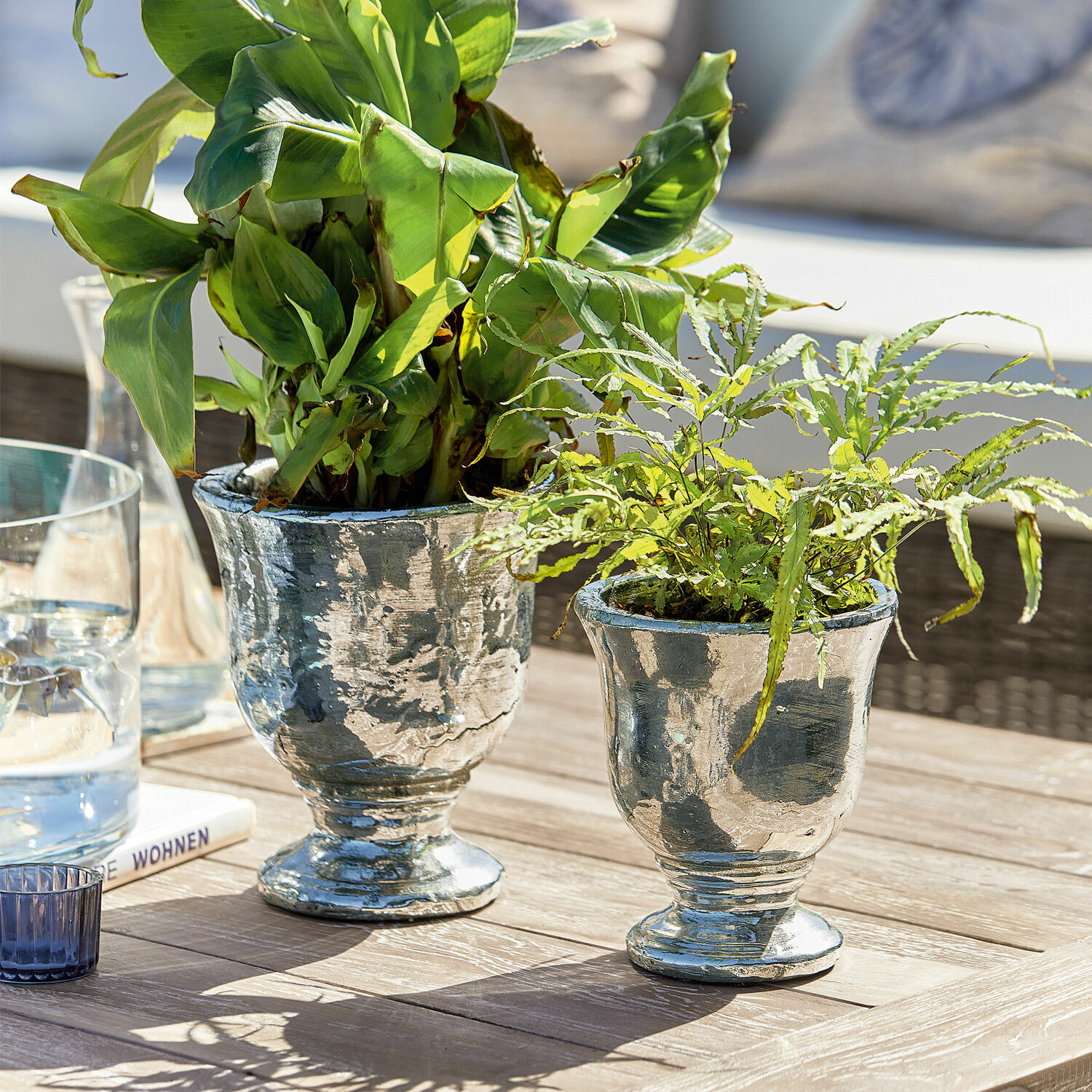 Set de 2 maceteros Banon Dos macetas metálicas plateadas con plantas verdes sobre mesa de madera en ambiente luminoso