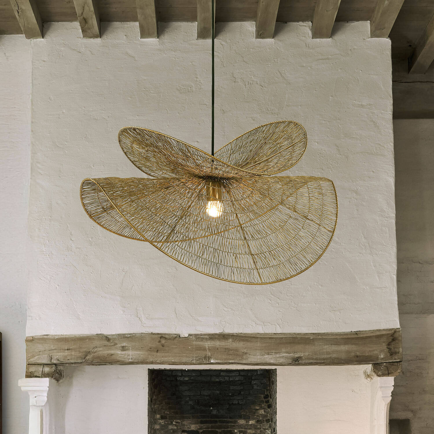 Lámpara colgante Zenlira Lámpara colgante con pantalla de alambre dorado, diseño moderno para salón elegante