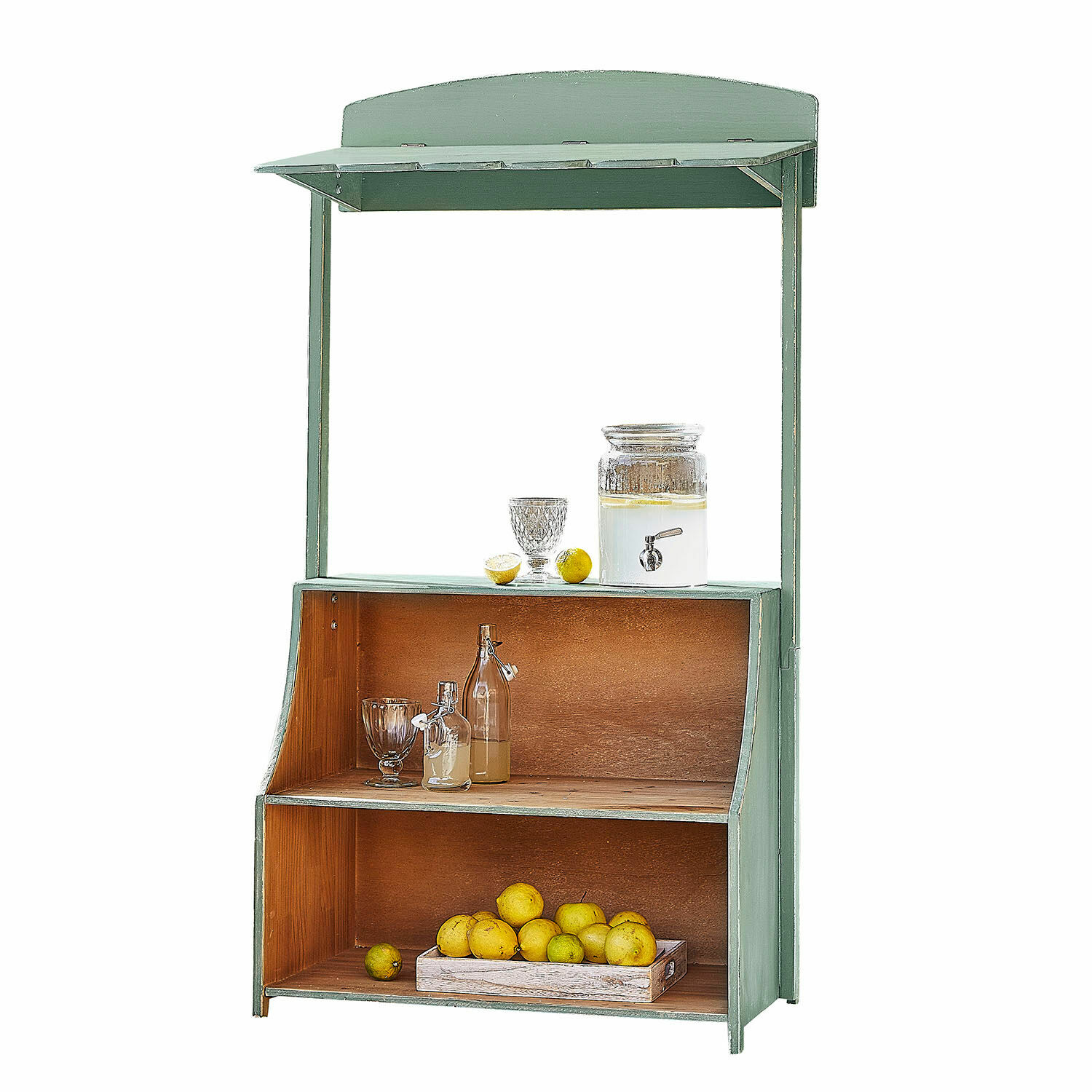 Puesto de limonada Éclairon Estantería de madera verde con techo y estantes para frutas y bebidas, ideal para cocina o jardín